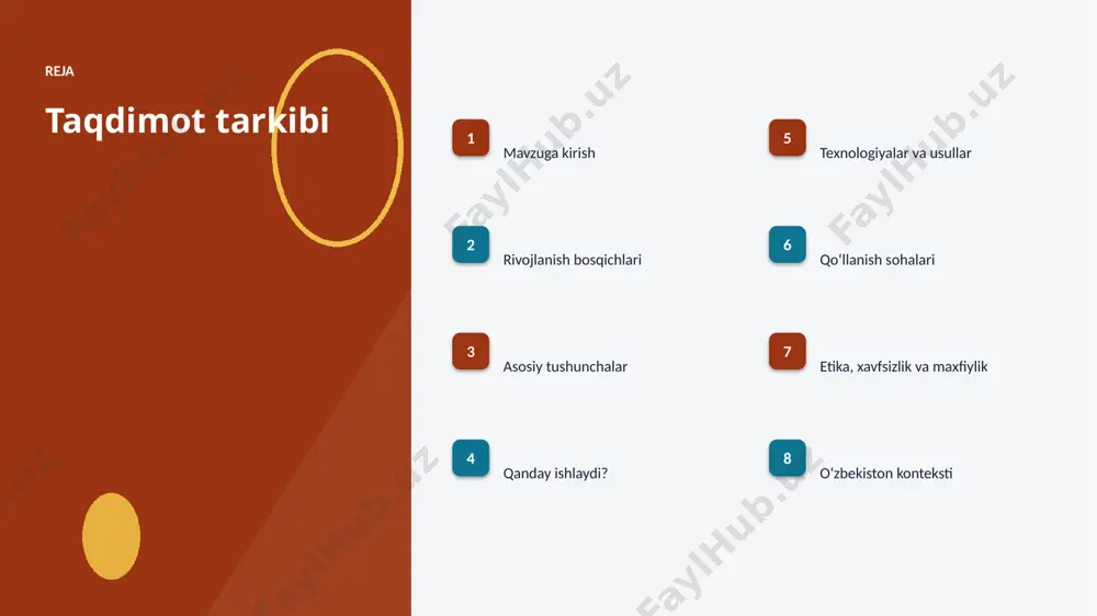 logiya texnologiyalar va usullar ▪ gpu/tpu akseleratorlari oʻqitish vaqtini qisqartiradi. ▪ zamonaviy robototexnika usullari aniqlikni sezilarli oshiradi. ▪ tayyor kutubxonalar (tensorflow, pytorch) ishlab chiqishni tezlashtiradi. ▪ bulutli platformalar masshtablash va tez joriy etishni taʼminlaydi. ▪ open-source modellar kirish toʻsigʻini pasaytiradi. amaliyot qoʻllanish sohalari ▪ ishlab chiqarish — eng keng tarqalgan amaliy yoʻnalishlardan biri. ▪ logistika jarayonlarni tezlashtiradi va xatolarni kamaytiradi. ▪ tibbiyot yangi qiymat va xizmatlar yaratadi. ▪ qishloq xoʻjaligi resurslardan oqilona foydalanishga yordam beradi. ▪ kosmik soha sohasida bu texnologiya raqobat ustunligini taʼminlaydi. etika etika, xavfsizlik va maxfiylik ▪ maʼlumotlar maxfiyligi va shaxsiy axborot himoyasi ustuvor. ▪ algoritmik noxolislik (bias) nazorat qilinishi shart. ▪ qarorlar shaffof va tushuntiriladigan boʻlishi kerak. ▪ inson nazorati muhim qarorlarda saqlanib qolishi lozim. ▪ tartibga solish va standartlarga rioya etish zarur. mahalliy oʻzbekiston konteksti ▪ raqamli oʻzbekiston-2030 strategiyasi ai rivojini qoʻllab-quvvatlaydi. ▪ it-park va texnoparklar startaplar uchun sharoit yaratmoqda. ▪ universitetlarda ai yoʻnalishlari va …