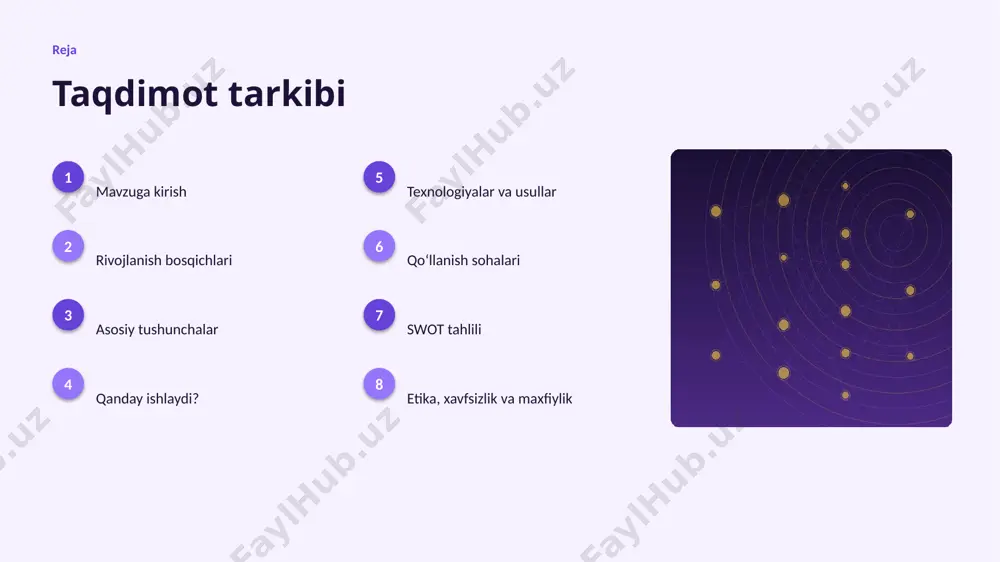 di. texnologiya texnologiyalar va usullar ▸ agent va lokal qoida optimallashtirilgan algoritmlar bilan ishlanadi. ▸ gpu/tpu akseleratorlari oʻqitish vaqtini qisqartiradi. ▸ tayyor kutubxonalar (tensorflow, pytorch) ishlab chiqishni tezlashtiradi. ▸ open-source modellar kirish toʻsigʻini pasaytiradi. ▸ bulutli platformalar masshtablash va tez joriy etishni taʼminlaydi. amaliyot qoʻllanish sohalari ▸ logistika — eng keng tarqalgan amaliy yoʻnalishlardan biri. ▸ dron toʻdalari jarayonlarni tezlashtiradi va xatolarni kamaytiradi. ▸ marshrutlash yangi qiymat va xizmatlar yaratadi. ▸ tarmoq resurslardan oqilona foydalanishga yordam beradi. ▸ telekommunikatsiya sohasida bu texnologiya raqobat ustunligini taʼminlaydi. tahlil swot tahlili kuchli tomonlar • yuqori aniqlik va tezlik • avtomatlashtirish imkoni • masshtablanuvchanlik • doimiy takomillashish imkoniyat va xavflar • yangi bozorlar va xizmatlar • maʼlumot yetishmasligi xavfi • etik va huquqiy masalalar • malakali kadrlarga ehtiyoj etika etika, xavfsizlik va maxfiylik ▸ maʼlumotlar maxfiyligi va shaxsiy axborot himoyasi ustuvor. ▸ algoritmik noxolislik (bias) nazorat qilinishi shart. ▸ qarorlar shaffof va tushuntiriladigan boʻlishi …