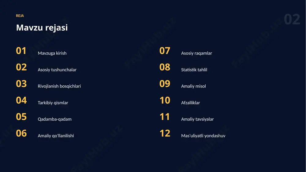ai savodxonligi insonga natijalarni tanqidiy baholash, cheklovlarni tushunish va texnologiyadan xavfsiz hamda samarali foydalanish imkonini beradi. 12 afzalliklar asosiy afzalliklar ✓ vaqtni sezilarli tejaydi ✓ o'rganishni tezlashtiradi ✓ takroriy ishni avtomatlashtiradi ✓ natija sifatini oshiradi ✓ xatolarni kamaytiradi 13 tavsiyalar amaliy tavsiyalar 01 kichik va aniq vazifadan boshlang 02 natijani har doim tekshiring 03 muntazam mashq qilib boring 04 maxfiylik va etikani unutmang 05 bosqichma-bosqich takomillashtiring 14 mas'uliyat mas'uliyatli yondashuv ✓ shaffoflik va izohlanuvchanlik ✓ maxfiylik va xavfsizlik ✓ adolat va xolislik ✓ inson nazorati ✓ natijani tekshirish 15 cheklovlar muammo va cheklovlar 01 cheklovlarni bilmaslik 02 maxfiylik va xavfsizlik 03 etika va mualliflik masalalari 04 ma'lumot sifatiga bog'liqlik 05 noto'g'ri yoki noaniq natijalar 06 natijani tekshirish zarurati xulosa asosiy xulosalar ▪ to'g'ri usullar natija sifatini oshiradi ▪ bu ko'nikma kelajakda yanada qadrlanadi ▪ amaliyot va tajriba muvaffaqiyat kalitidir ▪ ai natijasini baholash zamonaviy ko'nikmalarning muhim qismidir rahmat! e'tiboringiz uchun …