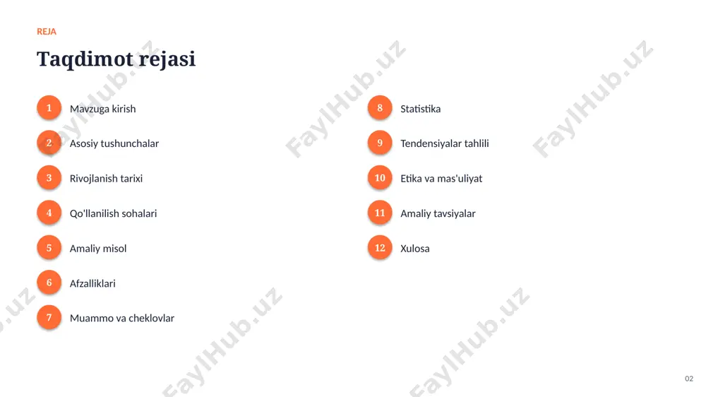 ma'lumotni tez tahlil qilish ✓ inson xatolarini sezilarli kamaytirish ✓ shaxsiylashtirilgan yechimlar taqdim etish 08 muammolar muammo va cheklovlar 01 algoritmik xolislik va adolat masalalari 02 yuqori hisoblash resurslariga ehtiyoj 03 sifatli va yetarli ma'lumot zarurligi 04 integratsiya va texnik murakkabliklar 05 etika va tartibga solish savollari 06 natijalarning izohlanuvchanligi muammosi 09 statistika statistika va ko'rsatkichlar 1958 perseptron yaratilgan yil 3-100+ qatlamlar soni chuqur tarmoqlarda 99% aniqlik raqamlarni tanishda 10 tendensiyalar o'sish va tendensiyalar tahlili ko'rsatkichlar so'nggi yillarda barqaror o'sish tendensiyasini ko'rsatmoqda. 11 etika etika va mas'uliyatli yondashuv ▪ shaffoflik va qaror izohlanuvchanligi ▪ maxfiylik va shaxsiy ma'lumotlar himoyasi ▪ algoritmik adolat va xolislikni kamaytirish ▪ inson nazorati va mas'uliyat ▪ xavfsizlik va ishonchlilik standartlari 12 tavsiyalar amaliy tavsiyalar 1 kichik prototipdan boshlab bosqichma-bosqich kengaytiring 2 aniq maqsad va muammodan boshlang 3 jamoa malakasini muntazam oshirib boring 4 etika va maxfiylikni dastlabdan hisobga oling 5 natijalarni doimiy o'lchang va baholang …