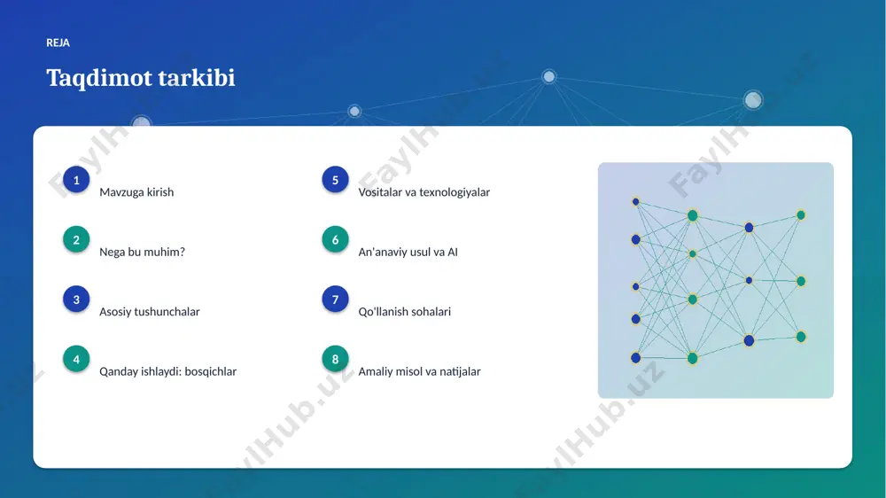 qiyinligi • xavfsizlik va barqarorlik tashkiliy chaqiriqlar • kadrlar tanqisligi • integratsiya murakkabligi • etik va huquqiy masalalar • moslashish zarurati bozor statistika va tendensiyalar ▸ global ai bozori yiliga ~29% o'smoqda. ▸ kompaniyalarning 62% joriy etishni rejalashtirgan. ▸ investitsiyalar rekord darajada ortmoqda. ▸ tibbiyot sohada talab tez oʻsmoqda. ▸ ai ko'nikmalariga ehtiyoj yuqori. kelajak kelajak istiqbollari ▸ agentlik va multimodal tizimlar keng tarqaladi. ▸ modellar samaradorligi va tejamkorligi oshadi. ▸ mahalliy va shaxsiylashtirilgan yechimlar ko'payadi. ▸ inson-ai hamkorligi chuqurlashadi. ▸ regulyatsiya va standartlar shakllanadi. xulosa xulosa va tavsiyalar ▸ evolyutsion algoritmlar yordamida tibbiyot samaradorligini oshirish — strategik ahamiyatga ega yo'nalish. ▸ ma'lumot sifati va etika muvaffaqiyat kaliti. ▸ bosqichma-bosqich joriy etish xavfni kamaytiradi. ▸ kadrlar malakasiga investitsiya zarur. ▸ doimiy monitoring va takomillashtirish talab etiladi. e'tiboringiz uchun rahmat! evolyutsion algoritmlar yordamida tibbiyot samaradorligini oshirish savollar & muhokama image1.jpg image2.jpg image3.jpg image4.jpg image5.jpg image6.jpg image7.jpg image8.jpg image9.jpg image10.jpg image11.jpg image12.jpg …