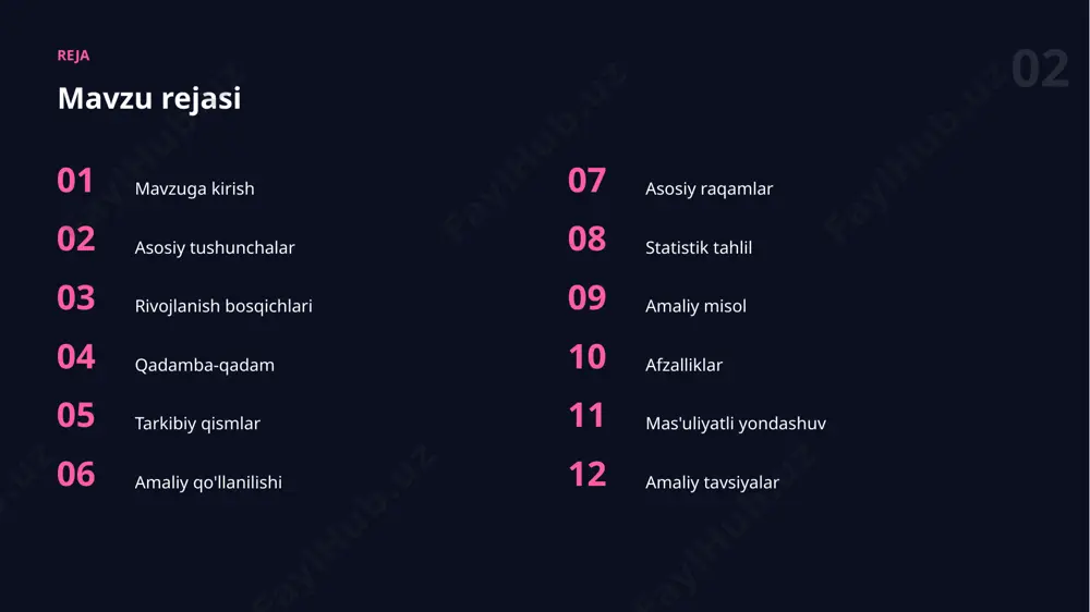 sifatli, xilma-xil va to'g'ri belgilangan dataset modelning aniq va adolatli ishlashi uchun eng muhim omildir. 12 afzalliklar asosiy afzalliklar ✓ hammaga qulay qiladi ✓ xatolarni kamaytiradi ✓ mahsuldorlikni oshiradi ✓ natija sifatini oshiradi ✓ o'rganishni tezlashtiradi 13 mas'uliyat mas'uliyatli yondashuv ✓ shaffoflik va izohlanuvchanlik ✓ maxfiylik va xavfsizlik ✓ adolat va xolislik ✓ inson nazorati ✓ natijani tekshirish 14 tavsiyalar amaliy tavsiyalar 01 muntazam mashq qilib boring 02 kichik va aniq vazifadan boshlang 03 maxfiylik va etikani unutmang 04 natijani har doim tekshiring 05 bosqichma-bosqich takomillashtiring 15 cheklovlar muammo va cheklovlar 01 haddan tashqari ishonish xavfi 02 ko'nikma va tajriba talabi 03 cheklovlarni bilmaslik 04 maxfiylik va xavfsizlik 05 noto'g'ri yoki noaniq natijalar 06 ma'lumot sifatiga bog'liqlik “ biasni nazorat qilish — bugungi eng qadrli amaliy ko'nikmalardan biri. 17 istiqbol kelajak istiqbollari ▪ hamma uchun ochiqlik ▪ kundalik ishga chuqur integratsiya ▪ shaxsiylashtirilgan yechimlar ▪ mas'uliyatli va xavfsiz qo'llash ▪ …