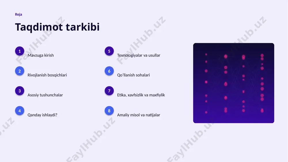 yechim amaliyotga joriy etiladi. texnologiya texnologiyalar va usullar ▸ open-source modellar kirish toʻsigʻini pasaytiradi. ▸ shovqin va denoising optimallashtirilgan algoritmlar bilan ishlanadi. ▸ bulutli platformalar masshtablash va tez joriy etishni taʼminlaydi. ▸ tayyor kutubxonalar (tensorflow, pytorch) ishlab chiqishni tezlashtiradi. ▸ zamonaviy diffuziya modellari usullari aniqlikni sezilarli oshiradi. amaliyot qoʻllanish sohalari ▸ rasm yaratish — eng keng tarqalgan amaliy yoʻnalishlardan biri. ▸ video jarayonlarni tezlashtiradi va xatolarni kamaytiradi. ▸ audio yangi qiymat va xizmatlar yaratadi. ▸ 3d model resurslardan oqilona foydalanishga yordam beradi. ▸ chakana savdo sohasida bu texnologiya raqobat ustunligini taʼminlaydi. etika etika, xavfsizlik va maxfiylik ▸ maʼlumotlar maxfiyligi va shaxsiy axborot himoyasi ustuvor. ▸ algoritmik noxolislik (bias) nazorat qilinishi shart. ▸ qarorlar shaffof va tushuntiriladigan boʻlishi kerak. ▸ inson nazorati muhim qarorlarda saqlanib qolishi lozim. ▸ tartibga solish va standartlarga rioya etish zarur. misol amaliy misol va natijalar ▸ real loyihalarda diffuziya modellari jarayon vaqtini 30–60% qisqartirgan. ▸ chakana …