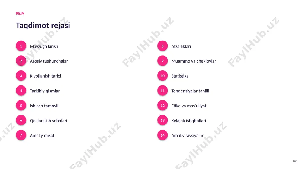 shtirish ▪ o'yinlarni avtomatik testlash ▪ real vaqt strategiyasi 08 amaliy misol amaliy misol va tahlil deepmind yaratgan tizimlar murakkab strategik o'yinlarda jahon chempionlarini yengib, mustahkamlovchi o'qitishning kuchini namoyish etdi. 09 afzalliklari asosiy afzalliklari ✓ 24/7 uzluksiz ishlash imkoniyati ✓ shaxsiylashtirilgan yechimlar taqdim etish ✓ xarajatlarni optimallashtirish ✓ yangi imkoniyat va innovatsiyalarni ochish ✓ jarayonlarni tezlashtirish va avtomatlashtirish ✓ aniqlik va sifatni oshirish 10 muammolar muammo va cheklovlar 01 sifatli va yetarli ma'lumot zarurligi 02 etika va tartibga solish savollari 03 algoritmik xolislik va adolat masalalari 04 maxfiylik va ma'lumotlar xavfsizligi 05 malakali mutaxassislar yetishmasligi 06 integratsiya va texnik murakkabliklar 11 statistika statistika va ko'rsatkichlar 2016 alphago g'alabasi $300b o'yin sanoati hajmi 3b+ o'yinchilar dunyoda 12 tendensiyalar o'sish va tendensiyalar tahlili ko'rsatkichlar so'nggi yillarda barqaror o'sish tendensiyasini ko'rsatmoqda. 13 etika etika va mas'uliyatli yondashuv ▪ shaffoflik va qaror izohlanuvchanligi ▪ maxfiylik va shaxsiy ma'lumotlar himoyasi ▪ algoritmik adolat va xolislikni …