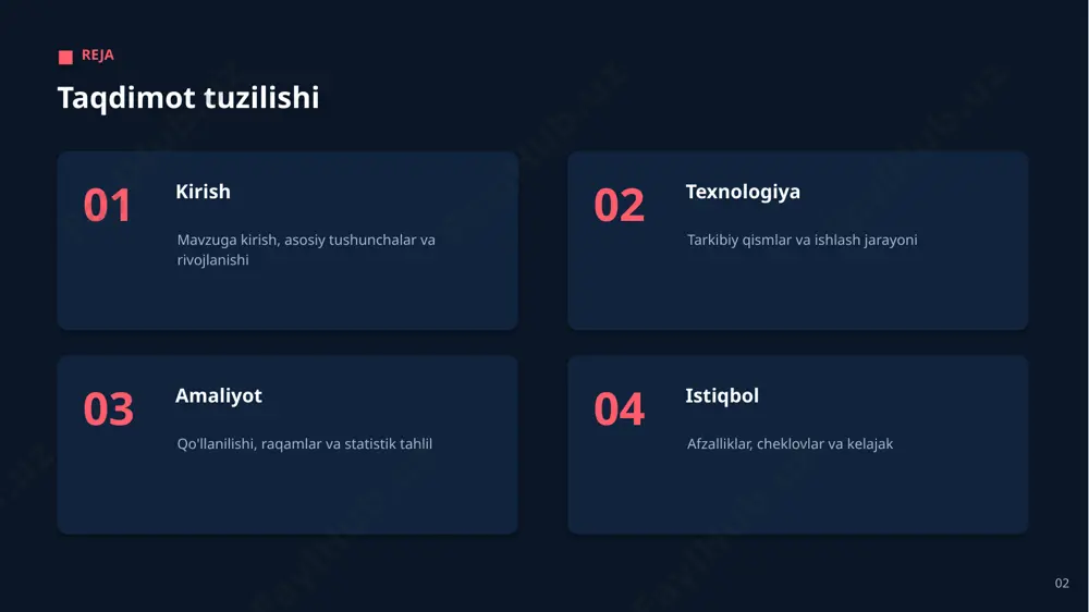 tahlil asosiy xulosalar ▪ aniqroq va tezroq qarorlar qabul qilish ▪ xavf va xatolarni kamaytirish ▪ mijoz va foydalanuvchi tajribasini yaxshilash 12 04 istiqbol 13 afzalliklar asosiy afzalliklar + aniqroq va tezroq qarorlar qabul qilish + xarajatlarni optimallashtirish + operatsion samaradorlikni sezilarli oshirish + xavf va xatolarni kamaytirish + takrorlanuvchi vazifalarni avtomatlashtirish + mijoz va foydalanuvchi tajribasini yaxshilash 14 cheklovlar muammo va cheklovlar 01 mavjud jarayonlarga moslashtirish 02 natijalarning ishonchliligi va tushunarliligi 03 integratsiya va texnik murakkablik 04 malakali kadrlar tanqisligi 05 etika va tartibga solish talablari 06 yuqori boshlang'ich investitsiya 15 “ avtomatlashtirish emas, balki inson imkoniyatini kuchaytirish — aining asl qiymati. 16 istiqbol kelajak istiqbollari ▪ sohaga keng va chuqur integratsiya ▪ arzon va qulay yechimlarning tarqalishi ▪ barqaror va mas'uliyatli qo'llash ▪ inson va ai hamkorligining kuchayishi ▪ real vaqtdagi qarorlarning kengayishi 17 xulosa asosiy xulosalar ▪ mas'uliyatli va bosqichma-bosqich yondashuv muhim ▪ amaliy natijalar joriy etishning …