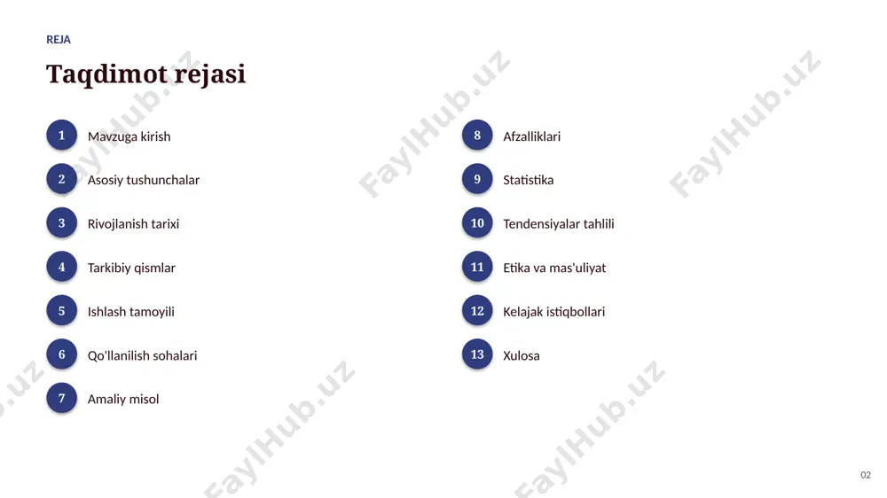zib berish ▪ bashoratli texnik xizmat ▪ jamoat transporti rejalashtirish ▪ yo'l xavfsizligini oshirish 08 amaliy misol amaliy misol va tahlil aqlli svetoforlar real vaqtdagi transport oqimini tahlil qilib, yashil chiroq vaqtini moslashtiradi va bu tirbandlik hamda kutish vaqtini kamaytiradi. 09 afzalliklari asosiy afzalliklari ✓ 24/7 uzluksiz ishlash imkoniyati ✓ katta hajmdagi ma'lumotni tez tahlil qilish ✓ inson xatolarini sezilarli kamaytirish ✓ yangi imkoniyat va innovatsiyalarni ochish ✓ xarajatlarni optimallashtirish ✓ aniqlik va sifatni oshirish 10 statistika statistika va ko'rsatkichlar 90% avariyalar inson xatosidan 25% tirbandlik kamayishi 2030 avtonom transport keng tarqaladi 11 tendensiyalar o'sish va tendensiyalar tahlili ko'rsatkichlar so'nggi yillarda barqaror o'sish tendensiyasini ko'rsatmoqda. 12 etika etika va mas'uliyatli yondashuv ▪ shaffoflik va qaror izohlanuvchanligi ▪ maxfiylik va shaxsiy ma'lumotlar himoyasi ▪ algoritmik adolat va xolislikni kamaytirish ▪ inson nazorati va mas'uliyat ▪ xavfsizlik va ishonchlilik standartlari 13 kelajak kelajak istiqbollari ▪ real vaqtdagi qarorlarning kengayishi ▪ yanada aniq …