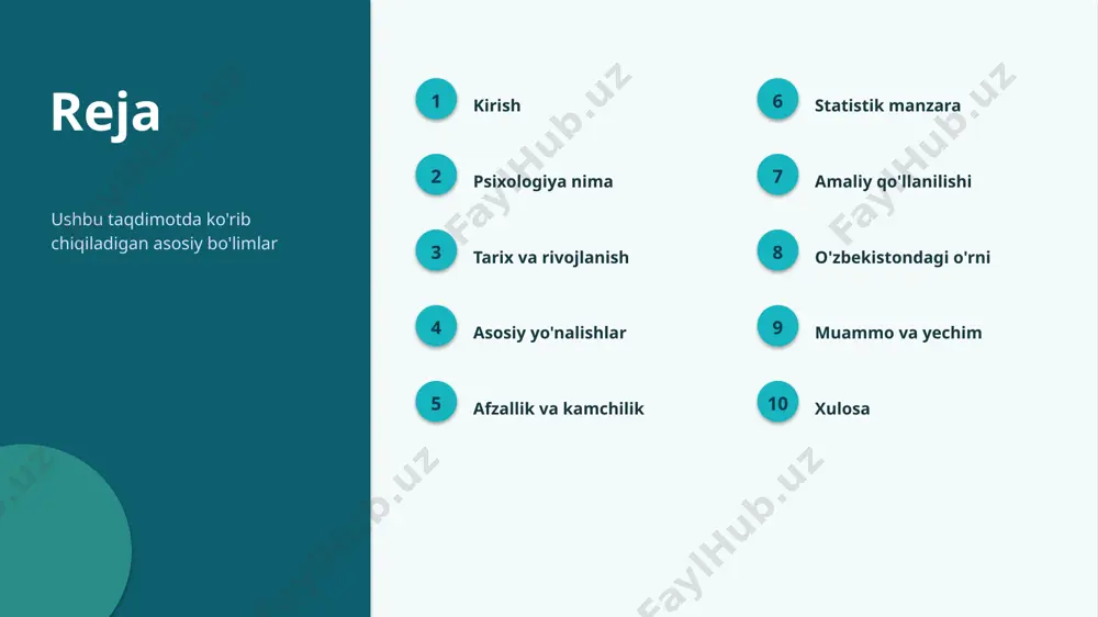▪ o'zbekistonda qo'llanilish kengaymoqda ▪ kelajakda ahamiyati yanada ortishi kutiladi amaliyot amaliy qo'llanilishi 1 ta'lim o'qitish va o'rganishda 2 iqtisodiyot biznes va samaradorlikda 3 texnologiya raqamli yechimlarda 4 kundalik hayot amaliy masalalarni hal qilishda kontekst o'zbekistondagi o'rni ▪ o'zbekistonda psixologiya o'ziga xos ahamiyatga ega ▪ mahalliy va global tajriba uyg'unlashtiriladi ▪ jamoa uchun amaliy imkoniyatlar mavjud ▪ hamkorlik va ta'lim — rivojlanish kaliti “ imkoniyat o'zbekistonda psixologiyani rivojlantirish katta salohiyatga ega. muammo va yechim muammolar va yechimlar 1 bilim tanqisligi ta'lim va malaka oshirish 2 resurs cheklovi bosqichma-bosqich joriy etish 3 tezkor o'zgarish doimiy o'rganish va moslashish 4 noto'g'ri qo'llash standart va nazorat xulosa asosiy xulosalar ▪ psixologiya — istiqbolli va dolzarb yo'nalish ▪ nazariya va amaliyot uyg'unligi muhim ▪ o'zbekistonda katta salohiyat mavjud ▪ jamoa uchun bilim va tayyorgarlik — ustunlik manbalar adabiyotlar va manbalar — psixologiya bo'yicha ilmiy va o'quv manbalari — sohaviy hisobotlar va maqolalar — rasmiy …