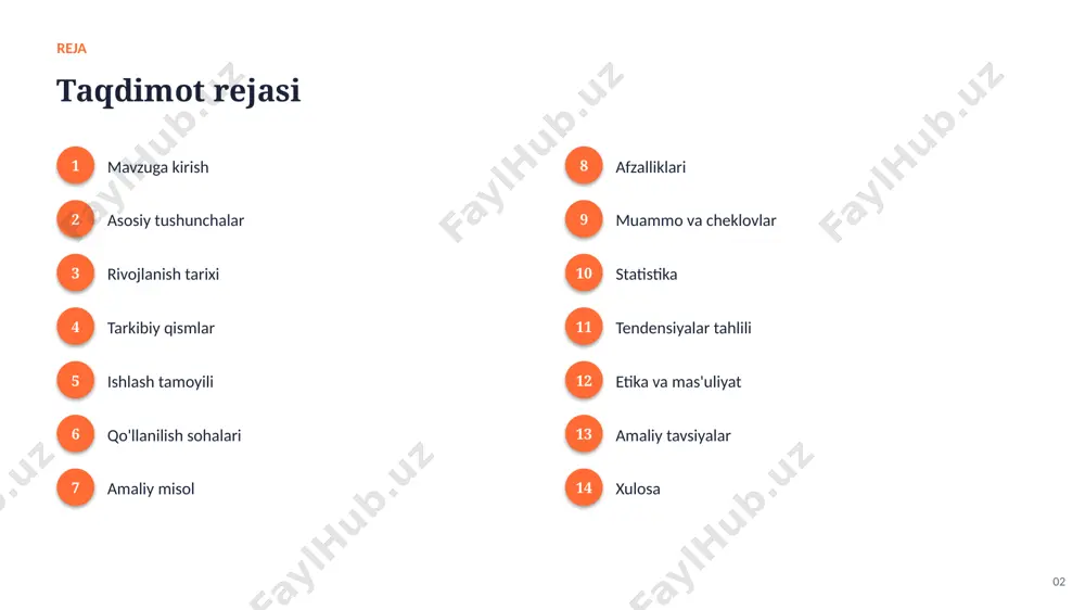 hf etish ▪ bemorlarni masofadan kuzatish ▪ jarrohlik robotlari 08 amaliy misol amaliy misol va tahlil ai tizimlari mammografiya tasvirlarini tahlil qilib, ko'krak saratonini erta bosqichda mutaxassislarga qaraganda sezgirroq aniqlashi mumkinligi tadqiqotlarda ko'rsatildi. 09 afzalliklari asosiy afzalliklari ✓ katta hajmdagi ma'lumotni tez tahlil qilish ✓ inson xatolarini sezilarli kamaytirish ✓ yangi imkoniyat va innovatsiyalarni ochish ✓ aniqlik va sifatni oshirish ✓ 24/7 uzluksiz ishlash imkoniyati ✓ xarajatlarni optimallashtirish 10 muammolar muammo va cheklovlar 01 natijalarning izohlanuvchanligi muammosi 02 malakali mutaxassislar yetishmasligi 03 yuqori hisoblash resurslariga ehtiyoj 04 algoritmik xolislik va adolat masalalari 05 etika va tartibga solish savollari 06 sifatli va yetarli ma'lumot zarurligi 11 statistika statistika va ko'rsatkichlar 40% tashxis tezligi oshishi 30% xatolarning kamayishi $150b sohaning ai bozori prognozi 12 tendensiyalar o'sish va tendensiyalar tahlili ko'rsatkichlar so'nggi yillarda barqaror o'sish tendensiyasini ko'rsatmoqda. 13 etika etika va mas'uliyatli yondashuv ▪ shaffoflik va qaror izohlanuvchanligi ▪ maxfiylik va shaxsiy ma'lumotlar …