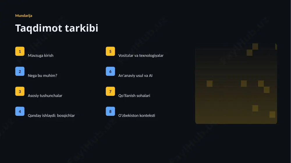 lik an'anaviy usullardan ustun kelgan. ▹ roi qisqa muddatda namoyon bo'lgan. ▹ mijozlar qoniqishi yuqori bo'lgan. etika etika va mas'uliyat ▹ ma'lumot maxfiyligi va himoyasi ustuvor. ▹ algoritmik noxolislik nazorat qilinishi shart. ▹ qarorlar shaffof va tushuntiriladigan bo'lishi kerak. ▹ inson nazorati muhim qarorlarda saqlanadi. ▹ standart va qoidalarga rioya etiladi. afzallik asosiy afzalliklari 39% samaradorlik o'sishi 20% xarajat kamayishi 96% aniqlik darajasi muammo muammolar va cheklovlar texnik chaqiriqlar ▪ sifatli ma'lumot yetishmasligi ▪ yuqori hisoblash xarajati ▪ modelni izohlash qiyinligi ▪ xavfsizlik va barqarorlik tashkiliy chaqiriqlar ▪ kadrlar tanqisligi ▪ integratsiya murakkabligi ▪ etik va huquqiy masalalar ▪ moslashish zarurati bozor statistika va tendensiyalar ▹ global ai bozori yiliga ~25% o'smoqda. ▹ kompaniyalarning 79% joriy etishni rejalashtirgan. ▹ investitsiyalar rekord darajada ortmoqda. ▹ qurilish sohada talab tez oʻsmoqda. ▹ ai ko'nikmalariga ehtiyoj yuqori. kelajak kelajak istiqbollari ▹ agentlik va multimodal tizimlar keng tarqaladi. ▹ modellar samaradorligi va tejamkorligi oshadi. …