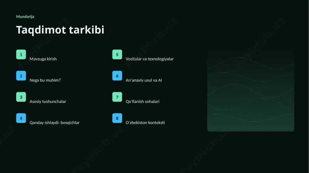 ik va barqarorlik tashkiliy chaqiriqlar ▪ kadrlar tanqisligi ▪ integratsiya murakkabligi ▪ etik va huquqiy masalalar ▪ moslashish zarurati bozor statistika va tendensiyalar ▹ global ai bozori yiliga ~22% o'smoqda. ▹ kompaniyalarning 61% joriy etishni rejalashtirgan. ▹ investitsiyalar rekord darajada ortmoqda. ▹ aviatsiya sohada talab tez oʻsmoqda. ▹ ai ko'nikmalariga ehtiyoj yuqori. kelajak kelajak istiqbollari ▹ agentlik va multimodal tizimlar keng tarqaladi. ▹ modellar samaradorligi va tejamkorligi oshadi. ▹ mahalliy va shaxsiylashtirilgan yechimlar ko'payadi. ▹ inson-ai hamkorligi chuqurlashadi. ▹ regulyatsiya va standartlar shakllanadi. xulosa xulosa va tavsiyalar ▹ aviatsiya uchun tavsiya tizimlari: amaliy yechimlar — strategik ahamiyatga ega yo'nalish. ▹ ma'lumot sifati va etika muvaffaqiyat kaliti. ▹ bosqichma-bosqich joriy etish xavfni kamaytiradi. ▹ kadrlar malakasiga investitsiya zarur. ▹ doimiy monitoring va takomillashtirish talab etiladi. e'tiboringiz uchun rahmat! aviatsiya uchun tavsiya tizimlari: amaliy yechimlar savollar & muhokama image1.jpg image2.jpg image3.jpg image4.jpg image5.jpg image6.jpg image7.jpg image8.jpg image9.jpg image10.jpg image11.jpg image12.jpg image13.jpg image14.jpg …
