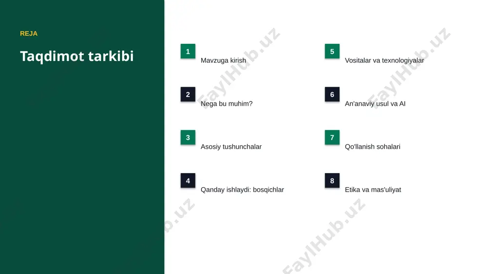 maradorlik o'sishi 49% xarajat kamayishi 94% aniqlik darajasi muammo muammolar va cheklovlar texnik chaqiriqlar • sifatli ma'lumot yetishmasligi • yuqori hisoblash xarajati • modelni izohlash qiyinligi • xavfsizlik va barqarorlik tashkiliy chaqiriqlar • kadrlar tanqisligi • integratsiya murakkabligi • etik va huquqiy masalalar • moslashish zarurati bozor statistika va tendensiyalar ▪ global ai bozori yiliga ~38% o'smoqda. ▪ kompaniyalarning 63% joriy etishni rejalashtirgan. ▪ investitsiyalar rekord darajada ortmoqda. ▪ koʻplab sohada talab tez oʻsmoqda. ▪ ai ko'nikmalariga ehtiyoj yuqori. kelajak kelajak istiqbollari ▪ agentlik va multimodal tizimlar keng tarqaladi. ▪ modellar samaradorligi va tejamkorligi oshadi. ▪ mahalliy va shaxsiylashtirilgan yechimlar ko'payadi. ▪ inson-ai hamkorligi chuqurlashadi. ▪ regulyatsiya va standartlar shakllanadi. xulosa xulosa va tavsiyalar ▪ ekspert tizimlar bilan ishlashni boshlash — strategik ahamiyatga ega yo'nalish. ▪ ma'lumot sifati va etika muvaffaqiyat kaliti. ▪ bosqichma-bosqich joriy etish xavfni kamaytiradi. ▪ kadrlar malakasiga investitsiya zarur. ▪ doimiy monitoring va takomillashtirish talab etiladi. …