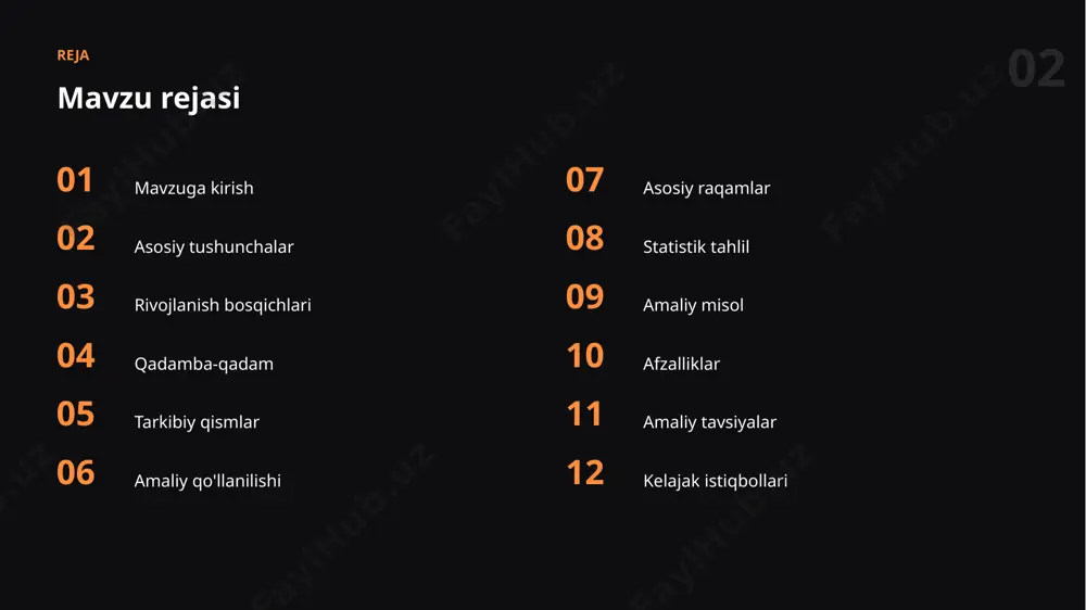 ni tez umumlashtirib, asosiy g'oyalarni ajratadi va tahlil jarayonini tezlashtiradi. 12 afzalliklar asosiy afzalliklar ✓ vaqtni sezilarli tejaydi ✓ mahsuldorlikni oshiradi ✓ natija sifatini oshiradi ✓ ijod va g'oyalarni boyitadi ✓ o'rganishni tezlashtiradi 13 tavsiyalar amaliy tavsiyalar 01 natijani har doim tekshiring 02 maxfiylik va etikani unutmang 03 bosqichma-bosqich takomillashtiring 04 muntazam mashq qilib boring 05 misollar va kontekstdan foydalaning 14 istiqbol kelajak istiqbollari ▪ shaxsiylashtirilgan yechimlar ▪ hamma uchun ochiqlik ▪ kundalik ishga chuqur integratsiya ▪ mas'uliyatli va xavfsiz qo'llash ▪ avtonom va aqlli yordamchilar “ sun'iy intellekt — inson imkoniyatlarini kuchaytiruvchi hamkor. 16 mas'uliyat mas'uliyatli yondashuv ✓ shaffoflik va izohlanuvchanlik ✓ maxfiylik va xavfsizlik ✓ adolat va xolislik ✓ inson nazorati ✓ natijani tekshirish xulosa asosiy xulosalar ▪ natijani doimo tanqidiy baholash zarur ▪ gipotezani sinash zamonaviy ko'nikmalarning muhim qismidir ▪ to'g'ri usullar natija sifatini oshiradi ▪ amaliyot va tajriba muvaffaqiyat kalitidir rahmat! e'tiboringiz uchun tashakkur · gipotezani …