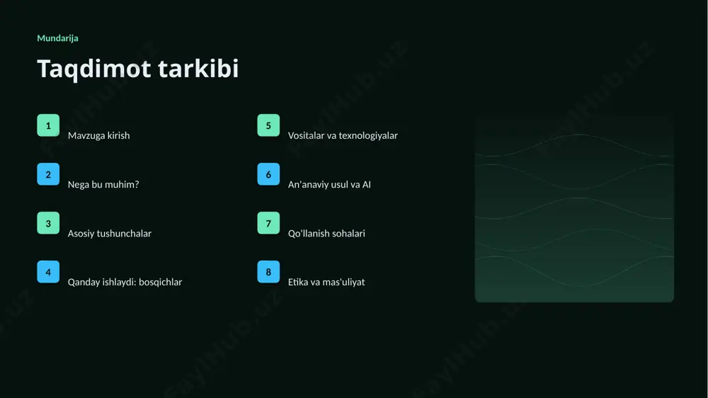 klovlar texnik chaqiriqlar ▪ sifatli ma'lumot yetishmasligi ▪ yuqori hisoblash xarajati ▪ modelni izohlash qiyinligi ▪ xavfsizlik va barqarorlik tashkiliy chaqiriqlar ▪ kadrlar tanqisligi ▪ integratsiya murakkabligi ▪ etik va huquqiy masalalar ▪ moslashish zarurati bozor statistika va tendensiyalar ▹ global ai bozori yiliga ~34% o'smoqda. ▹ kompaniyalarning 79% joriy etishni rejalashtirgan. ▹ investitsiyalar rekord darajada ortmoqda. ▹ elektron tijorat sohada talab tez oʻsmoqda. ▹ ai ko'nikmalariga ehtiyoj yuqori. kelajak kelajak istiqbollari ▹ agentlik va multimodal tizimlar keng tarqaladi. ▹ modellar samaradorligi va tejamkorligi oshadi. ▹ mahalliy va shaxsiylashtirilgan yechimlar ko'payadi. ▹ inson-ai hamkorligi chuqurlashadi. ▹ regulyatsiya va standartlar shakllanadi. xulosa xulosa va tavsiyalar ▹ elektron tijorat uchun katta til modellari: amaliy yechimlar — strategik ahamiyatga ega yo'nalish. ▹ ma'lumot sifati va etika muvaffaqiyat kaliti. ▹ bosqichma-bosqich joriy etish xavfni kamaytiradi. ▹ kadrlar malakasiga investitsiya zarur. ▹ doimiy monitoring va takomillashtirish talab etiladi. e'tiboringiz uchun rahmat! elektron tijorat uchun katta …