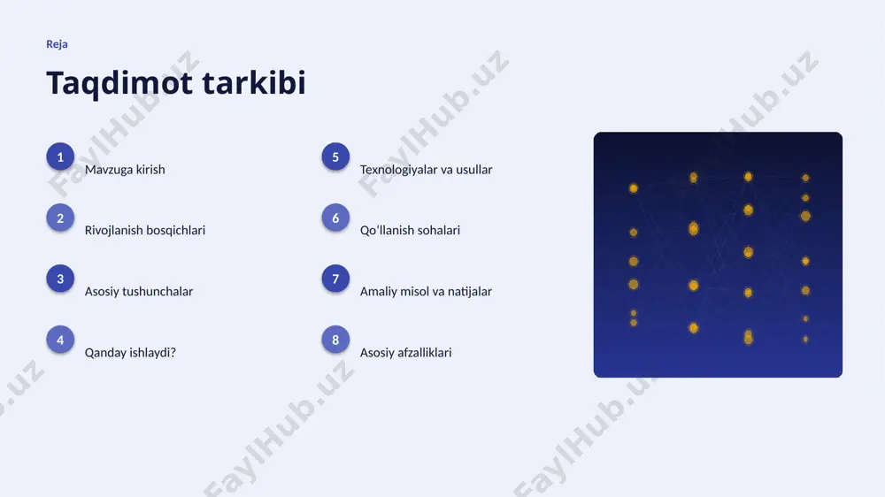 monaviy chuqur oʻrganish usullari aniqlikni sezilarli oshiradi. ▸ tayyor kutubxonalar (tensorflow, pytorch) ishlab chiqishni tezlashtiradi. ▸ bulutli platformalar masshtablash va tez joriy etishni taʼminlaydi. ▸ open-source modellar kirish toʻsigʻini pasaytiradi. ▸ neyron tarmoq va qatlam optimallashtirilgan algoritmlar bilan ishlanadi. amaliyot qoʻllanish sohalari ▸ tasvirni tanish — eng keng tarqalgan amaliy yoʻnalishlardan biri. ▸ nutq sintezi jarayonlarni tezlashtiradi va xatolarni kamaytiradi. ▸ tabiiy til yangi qiymat va xizmatlar yaratadi. ▸ generativ modellar resurslardan oqilona foydalanishga yordam beradi. ▸ moliya sohasida bu texnologiya raqobat ustunligini taʼminlaydi. misol amaliy misol va natijalar ▸ real loyihalarda chuqur oʻrganish jarayon vaqtini 30–60% qisqartirgan. ▸ moliya korxonalari xarajatlarni sezilarli kamaytirgan. ▸ aniqlik koʻrsatkichlari anʼanaviy usullardan ustun keladi. ▸ mijozlar qoniqishi va xizmat sifati oshgan. ▸ investitsiya qaytimi (roi) qisqa muddatda namoyon boʻladi. 02 natijalar va istiqbol afzalliklar, muammolar, statistika va kelajak afzallik asosiy afzalliklari 47% samaradorlik oshishi 2x tezroq qaror qabul qilish 42% xarajatlar kamayishi 97% …