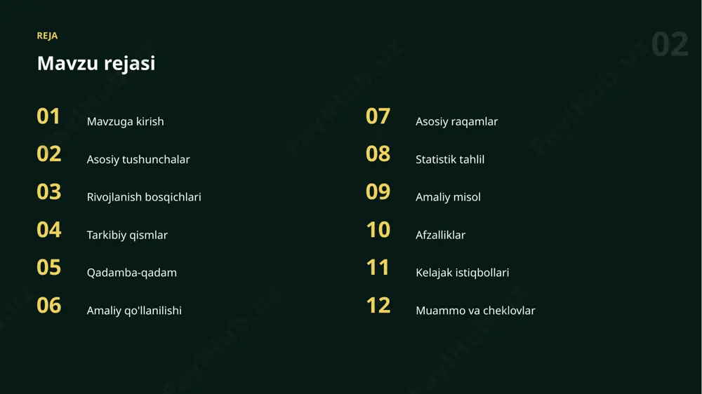 ish dasturchilar ai yordamchidan funksiya yozish, xatolarni izohlash va testlar yaratishda foydalanib, ishlab chiqish vaqtini sezilarli qisqartiradi. 12 afzalliklar asosiy afzalliklar ✓ natija sifatini oshiradi ✓ takroriy ishni avtomatlashtiradi ✓ o'rganishni tezlashtiradi ✓ hammaga qulay qiladi ✓ xatolarni kamaytiradi 13 istiqbol kelajak istiqbollari ▪ avtonom va aqlli yordamchilar ▪ mas'uliyatli va xavfsiz qo'llash ▪ shaxsiylashtirilgan yechimlar ▪ yanada qulay va kuchli vositalar ▪ kundalik ishga chuqur integratsiya 14 cheklovlar muammo va cheklovlar 01 maxfiylik va xavfsizlik 02 noto'g'ri yoki noaniq natijalar 03 natijani tekshirish zarurati 04 haddan tashqari ishonish xavfi 05 cheklovlarni bilmaslik 06 ma'lumot sifatiga bog'liqlik xulosa asosiy xulosalar ▪ to'g'ri usullar natija sifatini oshiradi ▪ bu ko'nikma kelajakda yanada qadrlanadi ▪ kod migratsiyasi zamonaviy ko'nikmalarning muhim qismidir ▪ amaliyot va tajriba muvaffaqiyat kalitidir rahmat! e'tiboringiz uchun tashakkur · kod migratsiyasi image1.jpg image2.jpg image3.jpg image4.jpg image5.jpg image6.jpg image7.png image8.jpg image9.jpg