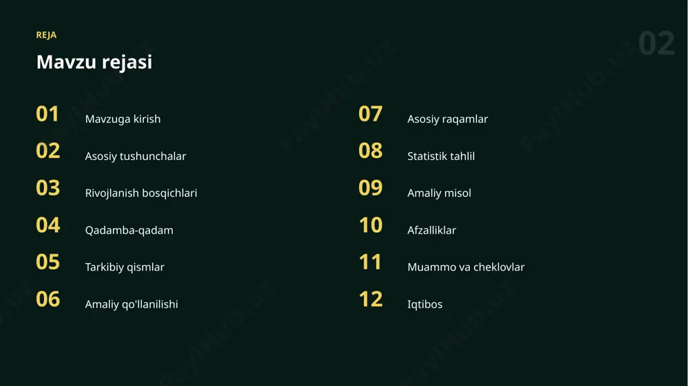 sh mutaxassislar ai yordamida yozishmalar, hisobotlar va rejalashtirishni tezlashtirib, vaqtni muhimroq, ijodiy vazifalarga yo'naltiradi. 12 afzalliklar asosiy afzalliklar ✓ ijod va g'oyalarni boyitadi ✓ o'rganishni tezlashtiradi ✓ mahsuldorlikni oshiradi ✓ xatolarni kamaytiradi ✓ hammaga qulay qiladi 13 cheklovlar muammo va cheklovlar 01 maxfiylik va xavfsizlik 02 haddan tashqari ishonish xavfi 03 natijani tekshirish zarurati 04 ma'lumot sifatiga bog'liqlik 05 etika va mualliflik masalalari 06 ko'nikma va tajriba talabi “ yig'ilishlarni qisqartirish — bugungi eng qadrli amaliy ko'nikmalardan biri. 15 istiqbol kelajak istiqbollari ▪ yanada qulay va kuchli vositalar ▪ shaxsiylashtirilgan yechimlar ▪ hamma uchun ochiqlik ▪ mas'uliyatli va xavfsiz qo'llash ▪ kundalik ishga chuqur integratsiya 16 tavsiyalar amaliy tavsiyalar 01 bosqichma-bosqich takomillashtiring 02 kichik va aniq vazifadan boshlang 03 maxfiylik va etikani unutmang 04 muntazam mashq qilib boring 05 misollar va kontekstdan foydalaning 17 mas'uliyat mas'uliyatli yondashuv ✓ shaffoflik va izohlanuvchanlik ✓ maxfiylik va xavfsizlik ✓ adolat va xolislik ✓ …