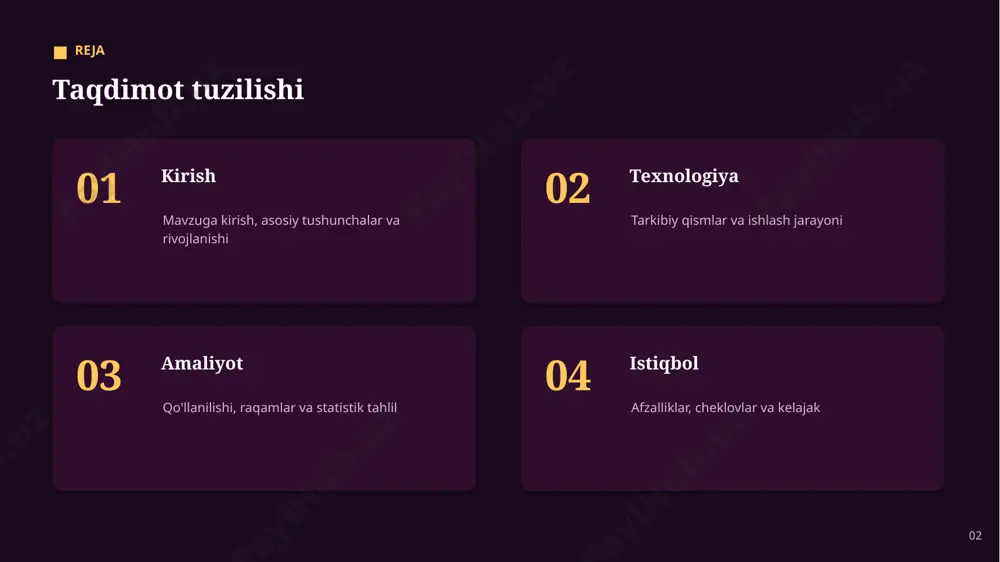 o'rsatkichlar asosiy raqamlar 40% nosozlik kamayishi 25% tarmoq samaradorligi 30% mijoz ketishi kamaydi 100% raqamli kelajak sari 11 tahlil statistik tahlil asosiy xulosalar ▪ real vaqtda tahlil va monitoring ▪ yangi xizmat va imkoniyatlar yaratish ▪ operatsion samaradorlikni sezilarli oshirish 12 04 istiqbol 13 afzalliklar asosiy afzalliklar + takrorlanuvchi vazifalarni avtomatlashtirish + xarajatlarni optimallashtirish + xavf va xatolarni kamaytirish + mijoz va foydalanuvchi tajribasini yaxshilash + operatsion samaradorlikni sezilarli oshirish + real vaqtda tahlil va monitoring 14 xulosa asosiy xulosalar ▪ amaliy natijalar joriy etishning foydasini tasdiqlaydi ▪ texnologiya tez rivojlanib, yangi imkoniyatlar ochmoqda ▪ kelajakda uning roli yanada ortib boradi ▪ mas'uliyatli va bosqichma-bosqich yondashuv muhim ▪ mijozlar ketishini kamaytirish sohada sezilarli qiymat va samaradorlik yaratmoqda 15 rahmat! e'tiboringiz uchun tashakkur. savollaringizni kutamiz. mijozlar ketishini kamaytirish image1.jpg image2.jpg image3.jpg image4.jpg image5.jpg image6.jpg image7.png