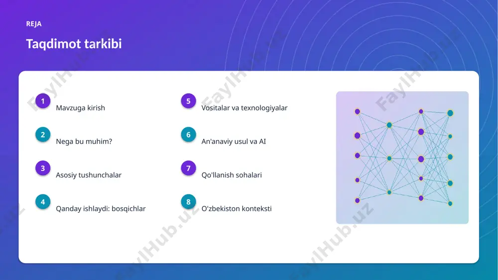 tmik noxolislik nazorat qilinishi shart. ▸ qarorlar shaffof va tushuntiriladigan bo'lishi kerak. ▸ inson nazorati muhim qarorlarda saqlanadi. ▸ standart va qoidalarga rioya etiladi. afzallik asosiy afzalliklari 37% samaradorlik o'sishi 28% xarajat kamayishi 95% aniqlik darajasi muammo muammolar va cheklovlar texnik chaqiriqlar • sifatli ma'lumot yetishmasligi • yuqori hisoblash xarajati • modelni izohlash qiyinligi • xavfsizlik va barqarorlik tashkiliy chaqiriqlar • kadrlar tanqisligi • integratsiya murakkabligi • etik va huquqiy masalalar • moslashish zarurati bozor statistika va tendensiyalar ▸ global ai bozori yiliga ~21% o'smoqda. ▸ kompaniyalarning 61% joriy etishni rejalashtirgan. ▸ investitsiyalar rekord darajada ortmoqda. ▸ suv resurslari sohada talab tez oʻsmoqda. ▸ ai ko'nikmalariga ehtiyoj yuqori. kelajak kelajak istiqbollari ▸ agentlik va multimodal tizimlar keng tarqaladi. ▸ modellar samaradorligi va tejamkorligi oshadi. ▸ mahalliy va shaxsiylashtirilgan yechimlar ko'payadi. ▸ inson-ai hamkorligi chuqurlashadi. ▸ regulyatsiya va standartlar shakllanadi. xulosa xulosa va tavsiyalar ▸ chuqur oʻrganish yordamida suv resurslari samaradorligini …