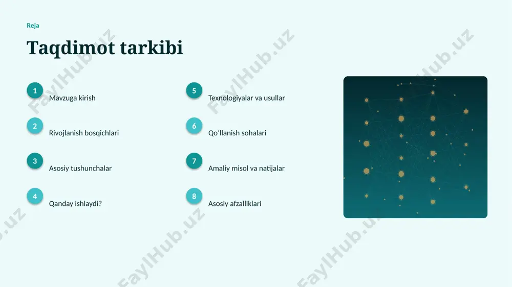 -bosqich: yetkazish — yechim amaliyotga joriy etiladi. texnologiya texnologiyalar va usullar ▸ tayyor kutubxonalar (tensorflow, pytorch) ishlab chiqishni tezlashtiradi. ▸ open-source modellar kirish toʻsigʻini pasaytiradi. ▸ bulutli platformalar masshtablash va tez joriy etishni taʼminlaydi. ▸ gpu/tpu akseleratorlari oʻqitish vaqtini qisqartiradi. ▸ zamonaviy generativ sunʼiy intellekt usullari aniqlikni sezilarli oshiradi. amaliyot qoʻllanish sohalari ▸ matn yaratish — eng keng tarqalgan amaliy yoʻnalishlardan biri. ▸ rasm yaratish jarayonlarni tezlashtiradi va xatolarni kamaytiradi. ▸ kod yozish yangi qiymat va xizmatlar yaratadi. ▸ dizayn resurslardan oqilona foydalanishga yordam beradi. ▸ marketing sohasida bu texnologiya raqobat ustunligini taʼminlaydi. misol amaliy misol va natijalar ▸ real loyihalarda generativ sunʼiy intellekt jarayon vaqtini 30–60% qisqartirgan. ▸ marketing korxonalari xarajatlarni sezilarli kamaytirgan. ▸ aniqlik koʻrsatkichlari anʼanaviy usullardan ustun keladi. ▸ mijozlar qoniqishi va xizmat sifati oshgan. ▸ investitsiya qaytimi (roi) qisqa muddatda namoyon boʻladi. 02 natijalar va istiqbol afzalliklar, muammolar, statistika va kelajak afzallik asosiy afzalliklari 36% samaradorlik …