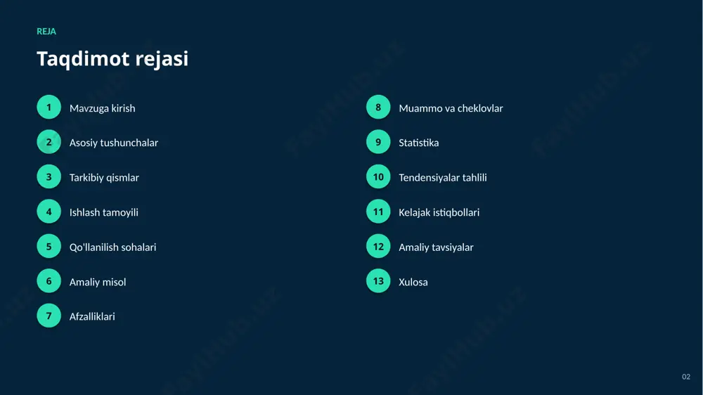 lliklari ✓ jarayonlarni tezlashtirish va avtomatlashtirish ✓ yangi imkoniyat va innovatsiyalarni ochish ✓ 24/7 uzluksiz ishlash imkoniyati ✓ katta hajmdagi ma'lumotni tez tahlil qilish ✓ aniqlik va sifatni oshirish ✓ xarajatlarni optimallashtirish 09 muammolar muammo va cheklovlar 01 etika va tartibga solish savollari 02 integratsiya va texnik murakkabliklar 03 algoritmik xolislik va adolat masalalari 04 natijalarning izohlanuvchanligi muammosi 05 malakali mutaxassislar yetishmasligi 06 sifatli va yetarli ma'lumot zarurligi 10 statistika statistika va ko'rsatkichlar 90% avariyalar inson xatosidan 25% tirbandlik kamayishi 2030 avtonom transport keng tarqaladi 11 tendensiyalar o'sish va tendensiyalar tahlili ko'rsatkichlar so'nggi yillarda barqaror o'sish tendensiyasini ko'rsatmoqda. 12 kelajak kelajak istiqbollari ▪ shaffof va mas'uliyatli tizimlar ▪ yanada aniq va ishonchli modellar ▪ energiya samaradorligining oshishi ▪ real vaqtdagi qarorlarning kengayishi ▪ yangi sohalarga keng tarqalishi 13 tavsiyalar amaliy tavsiyalar 1 ma'lumotlar sifatiga alohida e'tibor bering 2 aniq maqsad va muammodan boshlang 3 etika va maxfiylikni dastlabdan hisobga oling …
