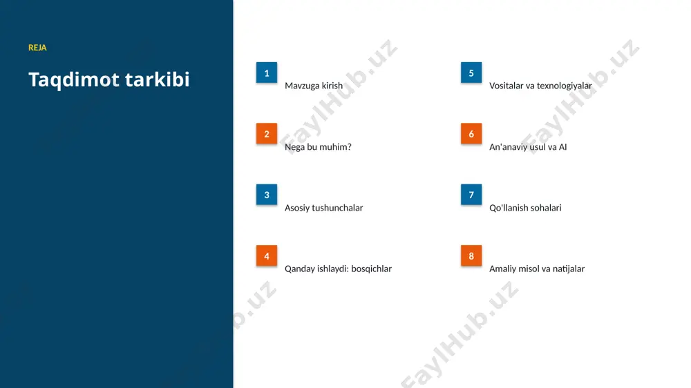 n-2030 strategiyasi qo'llab-quvvatlaydi. ▪ it-park startaplar uchun sharoit yaratadi. ▪ universitetlarda ai kadrlar tayyorlanmoqda. ▪ oziq-ovqat sanoati sohada pilot loyihalar bor. ▪ mahalliy til uchun resurslar ishlab chiqilmoqda. afzallik asosiy afzalliklari 44% samaradorlik o'sishi 25% xarajat kamayishi 95% aniqlik darajasi muammo muammolar va cheklovlar texnik chaqiriqlar • sifatli ma'lumot yetishmasligi • yuqori hisoblash xarajati • modelni izohlash qiyinligi • xavfsizlik va barqarorlik tashkiliy chaqiriqlar • kadrlar tanqisligi • integratsiya murakkabligi • etik va huquqiy masalalar • moslashish zarurati bozor statistika va tendensiyalar ▪ global ai bozori yiliga ~33% o'smoqda. ▪ kompaniyalarning 62% joriy etishni rejalashtirgan. ▪ investitsiyalar rekord darajada ortmoqda. ▪ oziq-ovqat sanoati sohada talab tez oʻsmoqda. ▪ ai ko'nikmalariga ehtiyoj yuqori. kelajak kelajak istiqbollari ▪ agentlik va multimodal tizimlar keng tarqaladi. ▪ modellar samaradorligi va tejamkorligi oshadi. ▪ mahalliy va shaxsiylashtirilgan yechimlar ko'payadi. ▪ inson-ai hamkorligi chuqurlashadi. ▪ regulyatsiya va standartlar shakllanadi. xulosa xulosa va tavsiyalar ▪ oziq-ovqat sanoati …