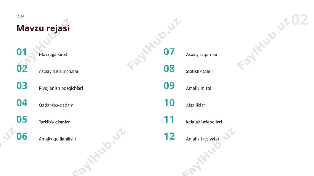 misol va tavsiya 10x ijodiy ish tezligi tasvir promtida obyekt, uslub, yorug'lik va kompozitsiyani aniq ko'rsatish kerakli natijaga erishish ehtimolini sezilarli oshiradi. 12 afzalliklar asosiy afzalliklar ✓ hammaga qulay qiladi ✓ xatolarni kamaytiradi ✓ vaqtni sezilarli tejaydi ✓ mahsuldorlikni oshiradi ✓ takroriy ishni avtomatlashtiradi 13 istiqbol kelajak istiqbollari ▪ yanada qulay va kuchli vositalar ▪ kundalik ishga chuqur integratsiya ▪ avtonom va aqlli yordamchilar ▪ shaxsiylashtirilgan yechimlar ▪ hamma uchun ochiqlik 14 tavsiyalar amaliy tavsiyalar 01 natijani har doim tekshiring 02 maxfiylik va etikani unutmang 03 kichik va aniq vazifadan boshlang 04 misollar va kontekstdan foydalaning 05 bosqichma-bosqich takomillashtiring 15 mas'uliyat mas'uliyatli yondashuv ✓ shaffoflik va izohlanuvchanlik ✓ maxfiylik va xavfsizlik ✓ adolat va xolislik ✓ inson nazorati ✓ natijani tekshirish “ to'g'ri vosita va usul natijani ikki barobar yaxshilaydi. 17 cheklovlar muammo va cheklovlar 01 etika va mualliflik masalalari 02 natijani tekshirish zarurati 03 cheklovlarni bilmaslik 04 noto'g'ri yoki …