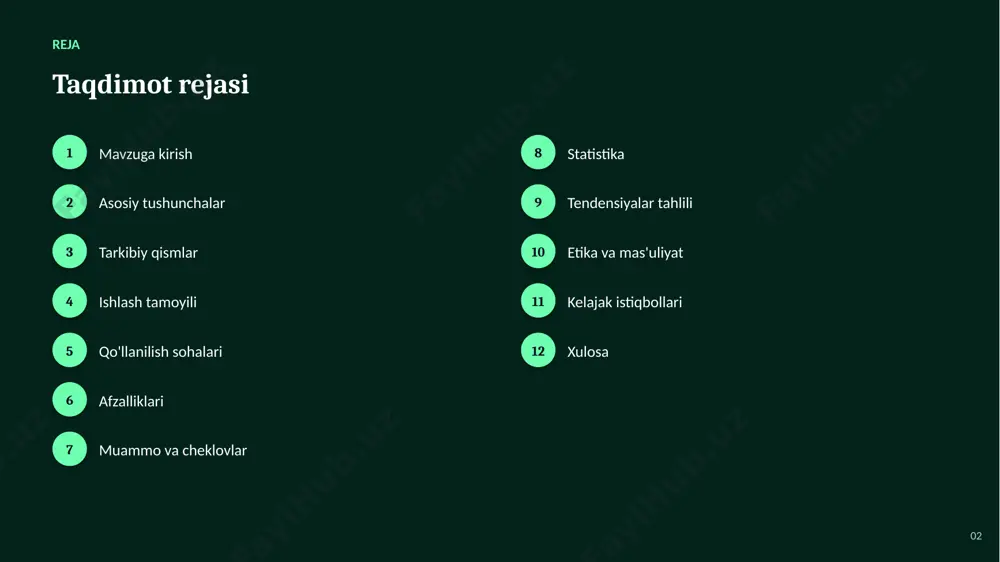 klovlar 01 sifatli va yetarli ma'lumot zarurligi 02 etika va tartibga solish savollari 03 natijalarning izohlanuvchanligi muammosi 04 algoritmik xolislik va adolat masalalari 05 yuqori hisoblash resurslariga ehtiyoj 06 integratsiya va texnik murakkabliklar 09 statistika statistika va ko'rsatkichlar 6x yuqori konversiya imkoniyati 50% marketing samaradorligi o'sdi 80% shaxsiylashtirishni kutadi 10 tendensiyalar o'sish va tendensiyalar tahlili ko'rsatkichlar so'nggi yillarda barqaror o'sish tendensiyasini ko'rsatmoqda. 11 etika etika va mas'uliyatli yondashuv ▪ shaffoflik va qaror izohlanuvchanligi ▪ maxfiylik va shaxsiy ma'lumotlar himoyasi ▪ algoritmik adolat va xolislikni kamaytirish ▪ inson nazorati va mas'uliyat ▪ xavfsizlik va ishonchlilik standartlari 12 kelajak kelajak istiqbollari ▪ yangi sohalarga keng tarqalishi ▪ yanada aniq va ishonchli modellar ▪ inson va ai hamkorligining chuqurlashuvi ▪ energiya samaradorligining oshishi ▪ shaffof va mas'uliyatli tizimlar 13 xulosa ▪ amaliy qo'llanilishi ko'plab tarmoqlarda samara bermoqda ▪ mas'uliyatli va etik yondashuv muvaffaqiyat kalitidir ▪ kelajakda uning ahamiyati yanada ortib boradi ▪ kontent …