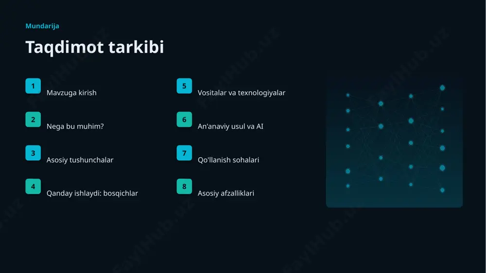 asalalar ▪ moslashish zarurati bozor statistika va tendensiyalar ▹ global ai bozori yiliga ~35% o'smoqda. ▹ kompaniyalarning 72% joriy etishni rejalashtirgan. ▹ investitsiyalar rekord darajada ortmoqda. ▹ suv resurslari sohada talab tez oʻsmoqda. ▹ ai ko'nikmalariga ehtiyoj yuqori. kelajak kelajak istiqbollari ▹ agentlik va multimodal tizimlar keng tarqaladi. ▹ modellar samaradorligi va tejamkorligi oshadi. ▹ mahalliy va shaxsiylashtirilgan yechimlar ko'payadi. ▹ inson-ai hamkorligi chuqurlashadi. ▹ regulyatsiya va standartlar shakllanadi. xulosa xulosa va tavsiyalar ▹ suv resurslari sohasida sun'iy intellekt: joriy etish bosqichlari — strategik ahamiyatga ega yo'nalish. ▹ ma'lumot sifati va etika muvaffaqiyat kaliti. ▹ bosqichma-bosqich joriy etish xavfni kamaytiradi. ▹ kadrlar malakasiga investitsiya zarur. ▹ doimiy monitoring va takomillashtirish talab etiladi. e'tiboringiz uchun rahmat! suv resurslari sohasida sun'iy intellekt: joriy etish bosqichlari savollar & muhokama image1.jpg image2.jpg image3.jpg image4.jpg image5.jpg image6.jpg image7.jpg image8.jpg image9.jpg image10.jpg image11.jpg image12.jpg image13.jpg image14.jpg image15.jpg image16.jpg