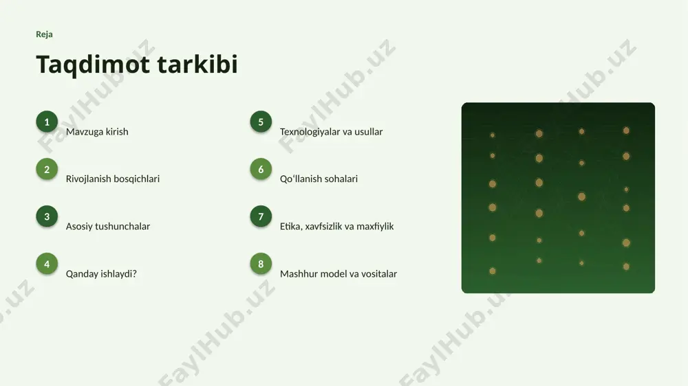 adi. texnologiya texnologiyalar va usullar ▸ bulutli platformalar masshtablash va tez joriy etishni taʼminlaydi. ▸ attention va encoder optimallashtirilgan algoritmlar bilan ishlanadi. ▸ zamonaviy transformer arxitekturasi usullari aniqlikni sezilarli oshiradi. ▸ tayyor kutubxonalar (tensorflow, pytorch) ishlab chiqishni tezlashtiradi. ▸ gpu/tpu akseleratorlari oʻqitish vaqtini qisqartiradi. amaliyot qoʻllanish sohalari ▸ til modellari — eng keng tarqalgan amaliy yoʻnalishlardan biri. ▸ tarjima jarayonlarni tezlashtiradi va xatolarni kamaytiradi. ▸ tasvir yangi qiymat va xizmatlar yaratadi. ▸ multimodal resurslardan oqilona foydalanishga yordam beradi. ▸ moliya sohasida bu texnologiya raqobat ustunligini taʼminlaydi. etika etika, xavfsizlik va maxfiylik ▸ maʼlumotlar maxfiyligi va shaxsiy axborot himoyasi ustuvor. ▸ algoritmik noxolislik (bias) nazorat qilinishi shart. ▸ qarorlar shaffof va tushuntiriladigan boʻlishi kerak. ▸ inson nazorati muhim qarorlarda saqlanib qolishi lozim. ▸ tartibga solish va standartlarga rioya etish zarur. modellar mashhur model va vositalar ▸ gpt oilasi — matn generatsiyasi va suhbat agentlari. ▸ bert — matnni chuqur tushunish va …