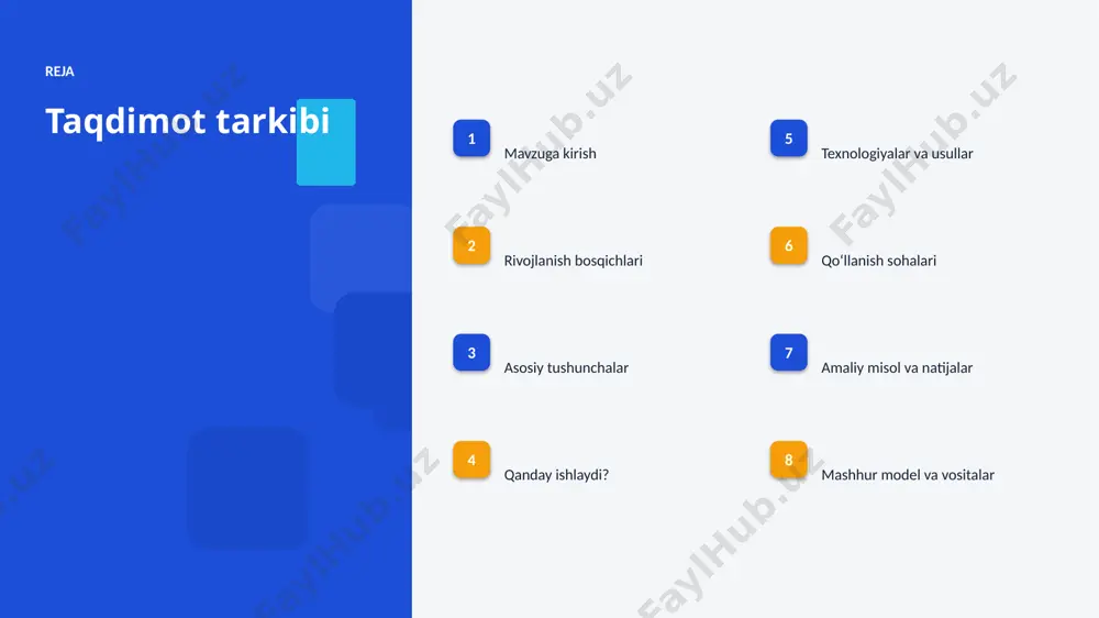 atijalar tekshiriladi va oʻlchanadi. ▪ 5-bosqich: optimallashtirish — yechim amaliyotga joriy etiladi. texnologiya texnologiyalar va usullar ▪ zamonaviy mustahkamlovchi oʻrganish usullari aniqlikni sezilarli oshiradi. ▪ tayyor kutubxonalar (tensorflow, pytorch) ishlab chiqishni tezlashtiradi. ▪ gpu/tpu akseleratorlari oʻqitish vaqtini qisqartiradi. ▪ agent va muhit optimallashtirilgan algoritmlar bilan ishlanadi. ▪ open-source modellar kirish toʻsigʻini pasaytiradi. amaliyot qoʻllanish sohalari ▪ oʻyinlar — eng keng tarqalgan amaliy yoʻnalishlardan biri. ▪ robototexnika jarayonlarni tezlashtiradi va xatolarni kamaytiradi. ▪ resurs boshqaruvi yangi qiymat va xizmatlar yaratadi. ▪ logistika resurslardan oqilona foydalanishga yordam beradi. ▪ elektron tijorat sohasida bu texnologiya raqobat ustunligini taʼminlaydi. misol amaliy misol va natijalar ▪ real loyihalarda mustahkamlovchi oʻrganish jarayon vaqtini 30–60% qisqartirgan. ▪ elektron tijorat korxonalari xarajatlarni sezilarli kamaytirgan. ▪ aniqlik koʻrsatkichlari anʼanaviy usullardan ustun keladi. ▪ mijozlar qoniqishi va xizmat sifati oshgan. ▪ investitsiya qaytimi (roi) qisqa muddatda namoyon boʻladi. modellar mashhur model va vositalar ▪ gpt oilasi — matn generatsiyasi va …