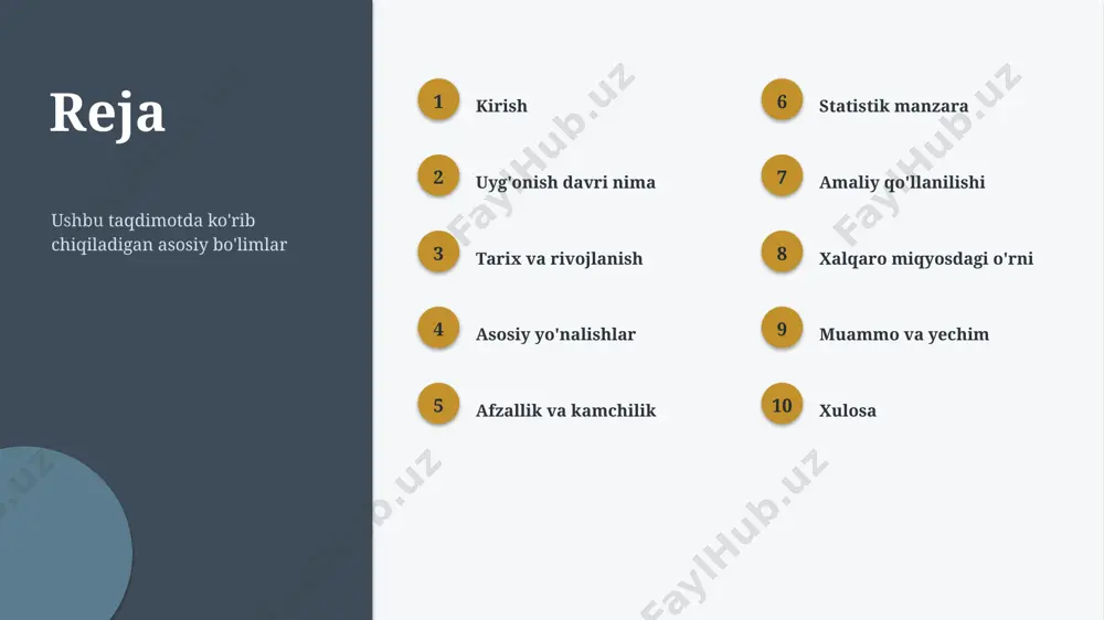 onish davriga qiziqish izchil o'smoqda (taxminiy) ▪ texnologiya rivoji bu sohani kuchaytirmoqda ▪ xalqaro miqyosda qo'llanilish kengaymoqda ▪ kelajakda ahamiyati yanada ortishi kutiladi amaliyot amaliy qo'llanilishi 1 ta'lim o'qitish va o'rganishda 2 iqtisodiyot biznes va samaradorlikda 3 texnologiya raqamli yechimlarda 4 kundalik hayot amaliy masalalarni hal qilishda kontekst xalqaro miqyosdagi o'rni ▪ xalqaro miqyosda uyg'onish davri o'ziga xos ahamiyatga ega ▪ mahalliy va global tajriba uyg'unlashtiriladi ▪ yangi mutaxassislar uchun amaliy imkoniyatlar mavjud ▪ hamkorlik va ta'lim — rivojlanish kaliti “ imkoniyat xalqaro miqyosda uyg'onish davrini rivojlantirish katta salohiyatga ega. muammo va yechim muammolar va yechimlar 1 bilim tanqisligi ta'lim va malaka oshirish 2 resurs cheklovi bosqichma-bosqich joriy etish 3 tezkor o'zgarish doimiy o'rganish va moslashish 4 noto'g'ri qo'llash standart va nazorat xulosa asosiy xulosalar ▪ uyg'onish davri — istiqbolli va dolzarb yo'nalish ▪ nazariya va amaliyot uyg'unligi muhim ▪ xalqaro miqyosda katta salohiyat mavjud ▪ yangi mutaxassislar uchun bilim …