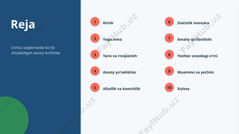ahamiyati yanada ortishi kutiladi amaliyot amaliy qo'llanilishi 1 ta'lim o'qitish va o'rganishda 2 iqtisodiyot biznes va samaradorlikda 3 texnologiya raqamli yechimlarda 4 kundalik hayot amaliy masalalarni hal qilishda kontekst yoshlar orasidagi o'rni ▪ yoshlar orasida yoga o'ziga xos ahamiyatga ega ▪ mahalliy va global tajriba uyg'unlashtiriladi ▪ o'rta daraja uchun amaliy imkoniyatlar mavjud ▪ hamkorlik va ta'lim — rivojlanish kaliti “ imkoniyat yoshlar orasida yogani rivojlantirish katta salohiyatga ega. muammo va yechim muammolar va yechimlar 1 bilim tanqisligi ta'lim va malaka oshirish 2 resurs cheklovi bosqichma-bosqich joriy etish 3 tezkor o'zgarish doimiy o'rganish va moslashish 4 noto'g'ri qo'llash standart va nazorat xulosa asosiy xulosalar ▪ yoga — istiqbolli va dolzarb yo'nalish ▪ nazariya va amaliyot uyg'unligi muhim ▪ yoshlar orasida katta salohiyat mavjud ▪ o'rta daraja uchun bilim va tayyorgarlik — ustunlik manbalar adabiyotlar va manbalar — yoga bo'yicha ilmiy va o'quv manbalari — sohaviy hisobotlar va maqolalar — rasmiy …