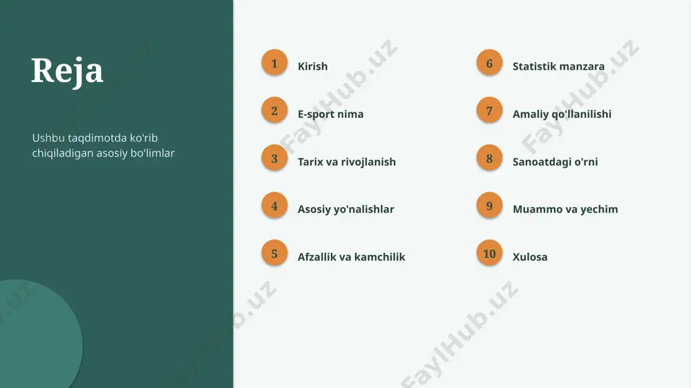 tishi kutiladi amaliyot amaliy qo'llanilishi 1 ta'lim o'qitish va o'rganishda 2 iqtisodiyot biznes va samaradorlikda 3 texnologiya raqamli yechimlarda 4 kundalik hayot amaliy masalalarni hal qilishda kontekst sanoatdagi o'rni ▪ sanoatda e-sport o'ziga xos ahamiyatga ega ▪ mahalliy va global tajriba uyg'unlashtiriladi ▪ talabalar uchun amaliy imkoniyatlar mavjud ▪ hamkorlik va ta'lim — rivojlanish kaliti “ imkoniyat sanoatda e-sportni rivojlantirish katta salohiyatga ega. muammo va yechim muammolar va yechimlar 1 bilim tanqisligi ta'lim va malaka oshirish 2 resurs cheklovi bosqichma-bosqich joriy etish 3 tezkor o'zgarish doimiy o'rganish va moslashish 4 noto'g'ri qo'llash standart va nazorat xulosa asosiy xulosalar ▪ e-sport — istiqbolli va dolzarb yo'nalish ▪ nazariya va amaliyot uyg'unligi muhim ▪ sanoatda katta salohiyat mavjud ▪ talabalar uchun bilim va tayyorgarlik — ustunlik manbalar adabiyotlar va manbalar — e-sport bo'yicha ilmiy va o'quv manbalari — sohaviy hisobotlar va maqolalar — rasmiy va akademik manbalar — eslatma: ko'rsatkichlar taxminiy va …
