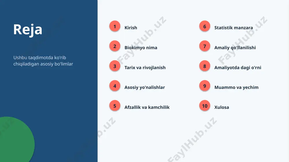 ymoqda ▪ kelajakda ahamiyati yanada ortishi kutiladi amaliyot amaliy qo'llanilishi 1 ta'lim o'qitish va o'rganishda 2 iqtisodiyot biznes va samaradorlikda 3 texnologiya raqamli yechimlarda 4 kundalik hayot amaliy masalalarni hal qilishda kontekst amaliyotda dagi o'rni ▪ amaliyotdada biokimyo o'ziga xos ahamiyatga ega ▪ mahalliy va global tajriba uyg'unlashtiriladi ▪ o'rta daraja uchun amaliy imkoniyatlar mavjud ▪ hamkorlik va ta'lim — rivojlanish kaliti “ imkoniyat amaliyotdada biokimyoni rivojlantirish katta salohiyatga ega. muammo va yechim muammolar va yechimlar 1 bilim tanqisligi ta'lim va malaka oshirish 2 resurs cheklovi bosqichma-bosqich joriy etish 3 tezkor o'zgarish doimiy o'rganish va moslashish 4 noto'g'ri qo'llash standart va nazorat xulosa asosiy xulosalar ▪ biokimyo — istiqbolli va dolzarb yo'nalish ▪ nazariya va amaliyot uyg'unligi muhim ▪ amaliyotdada katta salohiyat mavjud ▪ o'rta daraja uchun bilim va tayyorgarlik — ustunlik manbalar adabiyotlar va manbalar — biokimyo bo'yicha ilmiy va o'quv manbalari — sohaviy hisobotlar va maqolalar — rasmiy …