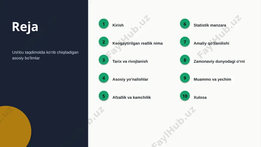 reallikga qiziqish dinamikasi (taxminiy, illyustrativ) ▪ kengaytirilgan reallikga qiziqish izchil o'smoqda (taxminiy) ▪ texnologiya rivoji bu sohani kuchaytirmoqda ▪ zamonaviy dunyoda qo'llanilish kengaymoqda ▪ kelajakda ahamiyati yanada ortishi kutiladi amaliyot amaliy qo'llanilishi 1 ta'lim o'qitish va o'rganishda 2 iqtisodiyot biznes va samaradorlikda 3 texnologiya raqamli yechimlarda 4 kundalik hayot amaliy masalalarni hal qilishda kontekst zamonaviy dunyodagi o'rni ▪ zamonaviy dunyoda kengaytirilgan reallik o'ziga xos ahamiyatga ega ▪ mahalliy va global tajriba uyg'unlashtiriladi ▪ o'quvchilar uchun amaliy imkoniyatlar mavjud ▪ hamkorlik va ta'lim — rivojlanish kaliti “ imkoniyat zamonaviy dunyoda kengaytirilgan reallikni rivojlantirish katta salohiyatga ega. muammo va yechim muammolar va yechimlar 1 bilim tanqisligi ta'lim va malaka oshirish 2 resurs cheklovi bosqichma-bosqich joriy etish 3 tezkor o'zgarish doimiy o'rganish va moslashish 4 noto'g'ri qo'llash standart va nazorat xulosa asosiy xulosalar ▪ kengaytirilgan reallik — istiqbolli va dolzarb yo'nalish ▪ nazariya va amaliyot uyg'unligi muhim ▪ zamonaviy dunyoda katta salohiyat mavjud …