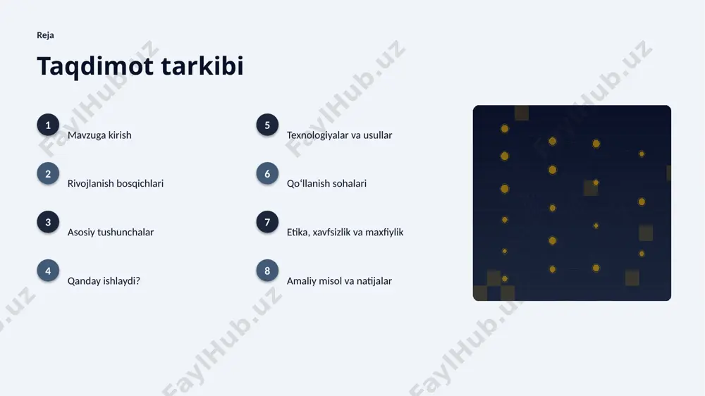 joriy etiladi. texnologiya texnologiyalar va usullar ▸ bulutli platformalar masshtablash va tez joriy etishni taʼminlaydi. ▸ open-source modellar kirish toʻsigʻini pasaytiradi. ▸ tayyor kutubxonalar (tensorflow, pytorch) ishlab chiqishni tezlashtiradi. ▸ zamonaviy tabiiy tilni qayta ishlash usullari aniqlikni sezilarli oshiradi. ▸ gpu/tpu akseleratorlari oʻqitish vaqtini qisqartiradi. amaliyot qoʻllanish sohalari ▸ mashina tarjimasi — eng keng tarqalgan amaliy yoʻnalishlardan biri. ▸ chatbotlar jarayonlarni tezlashtiradi va xatolarni kamaytiradi. ▸ sentiment tahlil yangi qiymat va xizmatlar yaratadi. ▸ matn xulosa resurslardan oqilona foydalanishga yordam beradi. ▸ turizm sohasida bu texnologiya raqobat ustunligini taʼminlaydi. etika etika, xavfsizlik va maxfiylik ▸ maʼlumotlar maxfiyligi va shaxsiy axborot himoyasi ustuvor. ▸ algoritmik noxolislik (bias) nazorat qilinishi shart. ▸ qarorlar shaffof va tushuntiriladigan boʻlishi kerak. ▸ inson nazorati muhim qarorlarda saqlanib qolishi lozim. ▸ tartibga solish va standartlarga rioya etish zarur. misol amaliy misol va natijalar ▸ real loyihalarda tabiiy tilni qayta ishlash jarayon vaqtini 30–60% qisqartirgan. ▸ turizm …