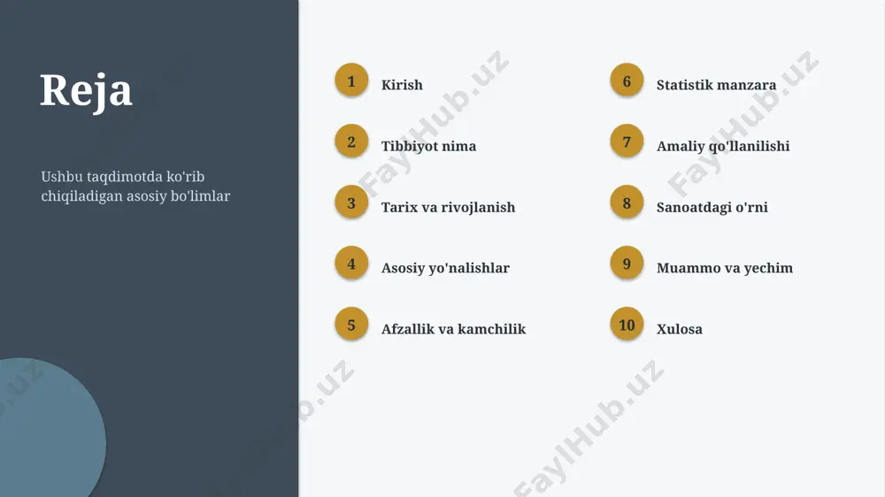 yati yanada ortishi kutiladi amaliyot amaliy qo'llanilishi 1 ta'lim o'qitish va o'rganishda 2 iqtisodiyot biznes va samaradorlikda 3 texnologiya raqamli yechimlarda 4 kundalik hayot amaliy masalalarni hal qilishda kontekst sanoatdagi o'rni ▪ sanoatda tibbiyot o'ziga xos ahamiyatga ega ▪ mahalliy va global tajriba uyg'unlashtiriladi ▪ ota-onalar uchun amaliy imkoniyatlar mavjud ▪ hamkorlik va ta'lim — rivojlanish kaliti “ imkoniyat sanoatda tibbiyotni rivojlantirish katta salohiyatga ega. muammo va yechim muammolar va yechimlar 1 bilim tanqisligi ta'lim va malaka oshirish 2 resurs cheklovi bosqichma-bosqich joriy etish 3 tezkor o'zgarish doimiy o'rganish va moslashish 4 noto'g'ri qo'llash standart va nazorat xulosa asosiy xulosalar ▪ tibbiyot — istiqbolli va dolzarb yo'nalish ▪ nazariya va amaliyot uyg'unligi muhim ▪ sanoatda katta salohiyat mavjud ▪ ota-onalar uchun bilim va tayyorgarlik — ustunlik manbalar adabiyotlar va manbalar — tibbiyot bo'yicha ilmiy va o'quv manbalari — sohaviy hisobotlar va maqolalar — rasmiy va akademik manbalar — eslatma: ko'rsatkichlar …