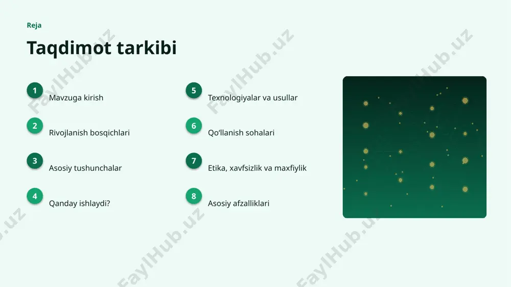 ich: natija — yechim amaliyotga joriy etiladi. texnologiya texnologiyalar va usullar ▸ open-source modellar kirish toʻsigʻini pasaytiradi. ▸ tokenizatsiya va embedding optimallashtirilgan algoritmlar bilan ishlanadi. ▸ tayyor kutubxonalar (tensorflow, pytorch) ishlab chiqishni tezlashtiradi. ▸ gpu/tpu akseleratorlari oʻqitish vaqtini qisqartiradi. ▸ zamonaviy tabiiy tilni qayta ishlash usullari aniqlikni sezilarli oshiradi. amaliyot qoʻllanish sohalari ▸ mashina tarjimasi — eng keng tarqalgan amaliy yoʻnalishlardan biri. ▸ chatbotlar jarayonlarni tezlashtiradi va xatolarni kamaytiradi. ▸ sentiment tahlil yangi qiymat va xizmatlar yaratadi. ▸ matn xulosa resurslardan oqilona foydalanishga yordam beradi. ▸ tarjima sohasida bu texnologiya raqobat ustunligini taʼminlaydi. etika etika, xavfsizlik va maxfiylik ▸ maʼlumotlar maxfiyligi va shaxsiy axborot himoyasi ustuvor. ▸ algoritmik noxolislik (bias) nazorat qilinishi shart. ▸ qarorlar shaffof va tushuntiriladigan boʻlishi kerak. ▸ inson nazorati muhim qarorlarda saqlanib qolishi lozim. ▸ tartibga solish va standartlarga rioya etish zarur. 02 natijalar va istiqbol afzalliklar, muammolar, statistika va kelajak afzallik asosiy afzalliklari 56% samaradorlik …