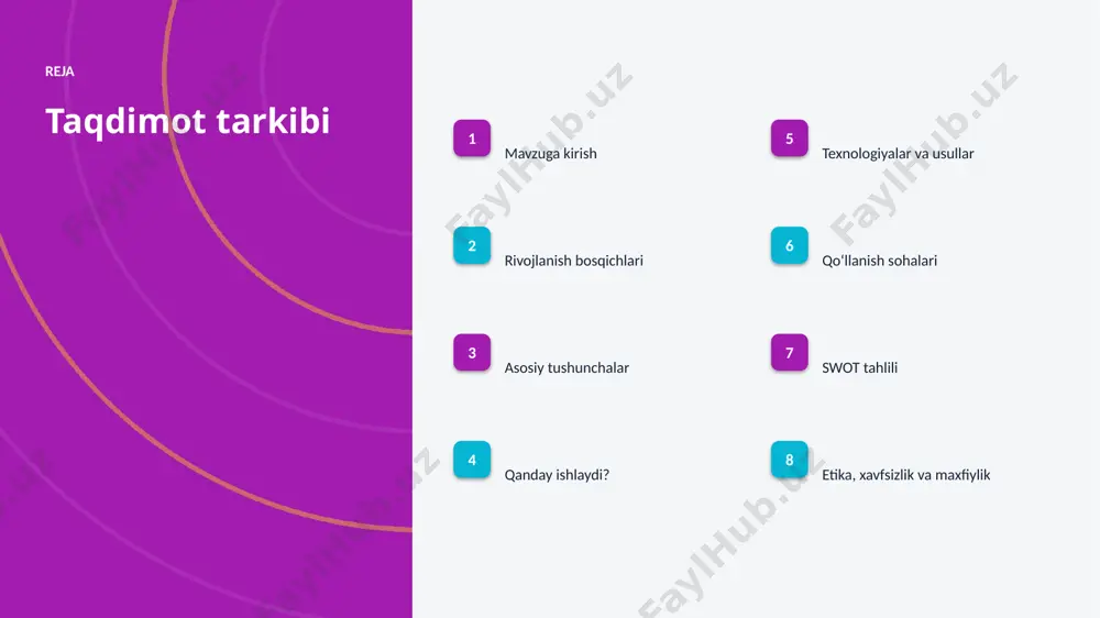 otga joriy etiladi. texnologiya texnologiyalar va usullar ▪ zamonaviy chuqur oʻrganish usullari aniqlikni sezilarli oshiradi. ▪ gpu/tpu akseleratorlari oʻqitish vaqtini qisqartiradi. ▪ open-source modellar kirish toʻsigʻini pasaytiradi. ▪ tayyor kutubxonalar (tensorflow, pytorch) ishlab chiqishni tezlashtiradi. ▪ neyron tarmoq va qatlam optimallashtirilgan algoritmlar bilan ishlanadi. amaliyot qoʻllanish sohalari ▪ tasvirni tanish — eng keng tarqalgan amaliy yoʻnalishlardan biri. ▪ nutq sintezi jarayonlarni tezlashtiradi va xatolarni kamaytiradi. ▪ tabiiy til yangi qiymat va xizmatlar yaratadi. ▪ generativ modellar resurslardan oqilona foydalanishga yordam beradi. ▪ huquq sohasida bu texnologiya raqobat ustunligini taʼminlaydi. swot tahlili kuchli tomonlar ■ yuqori aniqlik va tezlik ■ avtomatlashtirish imkoni ■ masshtablanuvchanlik ■ doimiy takomillashish imkoniyat va xavflar ■ yangi bozorlar va xizmatlar ■ maʼlumot yetishmasligi xavfi ■ etik va huquqiy masalalar ■ malakali kadrlarga ehtiyoj etika etika, xavfsizlik va maxfiylik ▪ maʼlumotlar maxfiyligi va shaxsiy axborot himoyasi ustuvor. ▪ algoritmik noxolislik (bias) nazorat qilinishi shart. ▪ qarorlar shaffof …