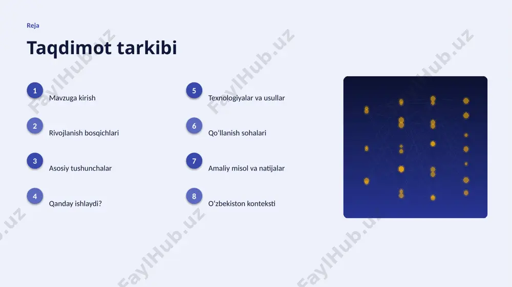 him amaliyotga joriy etiladi. texnologiya texnologiyalar va usullar ▸ tayyor kutubxonalar (tensorflow, pytorch) ishlab chiqishni tezlashtiradi. ▸ reja va vosita optimallashtirilgan algoritmlar bilan ishlanadi. ▸ gpu/tpu akseleratorlari oʻqitish vaqtini qisqartiradi. ▸ zamonaviy ai agentlari usullari aniqlikni sezilarli oshiradi. ▸ bulutli platformalar masshtablash va tez joriy etishni taʼminlaydi. amaliyot qoʻllanish sohalari ▸ avtomatlashtirish — eng keng tarqalgan amaliy yoʻnalishlardan biri. ▸ biznes jarayonlar jarayonlarni tezlashtiradi va xatolarni kamaytiradi. ▸ qidiruv yangi qiymat va xizmatlar yaratadi. ▸ yordamchilar resurslardan oqilona foydalanishga yordam beradi. ▸ marketing sohasida bu texnologiya raqobat ustunligini taʼminlaydi. misol amaliy misol va natijalar ▸ real loyihalarda ai agentlari jarayon vaqtini 30–60% qisqartirgan. ▸ marketing korxonalari xarajatlarni sezilarli kamaytirgan. ▸ aniqlik koʻrsatkichlari anʼanaviy usullardan ustun keladi. ▸ mijozlar qoniqishi va xizmat sifati oshgan. ▸ investitsiya qaytimi (roi) qisqa muddatda namoyon boʻladi. mahalliy oʻzbekiston konteksti ▸ raqamli oʻzbekiston-2030 strategiyasi ai rivojini qoʻllab-quvvatlaydi. ▸ it-park va texnoparklar startaplar uchun sharoit yaratmoqda. ▸ …