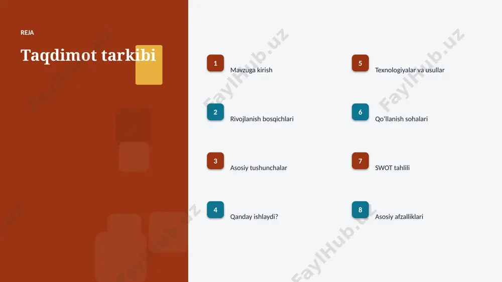 qich: yangilash — yechim amaliyotga joriy etiladi. texnologiya texnologiyalar va usullar ▪ chekka qurilma va kvantlash optimallashtirilgan algoritmlar bilan ishlanadi. ▪ tayyor kutubxonalar (tensorflow, pytorch) ishlab chiqishni tezlashtiradi. ▪ gpu/tpu akseleratorlari oʻqitish vaqtini qisqartiradi. ▪ open-source modellar kirish toʻsigʻini pasaytiradi. ▪ bulutli platformalar masshtablash va tez joriy etishni taʼminlaydi. amaliyot qoʻllanish sohalari ▪ iot — eng keng tarqalgan amaliy yoʻnalishlardan biri. ▪ smartfonlar jarayonlarni tezlashtiradi va xatolarni kamaytiradi. ▪ sanoat sensorlari yangi qiymat va xizmatlar yaratadi. ▪ avtomobil resurslardan oqilona foydalanishga yordam beradi. ▪ kadrlar boshqaruvi sohasida bu texnologiya raqobat ustunligini taʼminlaydi. swot tahlili kuchli tomonlar ■ yuqori aniqlik va tezlik ■ avtomatlashtirish imkoni ■ masshtablanuvchanlik ■ doimiy takomillashish imkoniyat va xavflar ■ yangi bozorlar va xizmatlar ■ maʼlumot yetishmasligi xavfi ■ etik va huquqiy masalalar ■ malakali kadrlarga ehtiyoj 02 natijalar va istiqbol afzalliklar, muammolar, statistika va kelajak afzallik asosiy afzalliklari 45% samaradorlik oshishi 2x tezroq qaror qabul qilish …