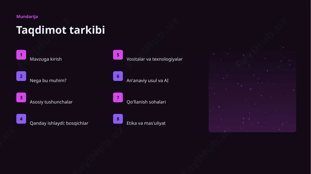 yorlanmoqda. ▹ turli sohada pilot loyihalar bor. ▹ mahalliy til uchun resurslar ishlab chiqilmoqda. afzallik asosiy afzalliklari 52% samaradorlik o'sishi 41% xarajat kamayishi 92% aniqlik darajasi muammo muammolar va cheklovlar texnik chaqiriqlar ▪ sifatli ma'lumot yetishmasligi ▪ yuqori hisoblash xarajati ▪ modelni izohlash qiyinligi ▪ xavfsizlik va barqarorlik tashkiliy chaqiriqlar ▪ kadrlar tanqisligi ▪ integratsiya murakkabligi ▪ etik va huquqiy masalalar ▪ moslashish zarurati bozor statistika va tendensiyalar ▹ global ai bozori yiliga ~22% o'smoqda. ▹ kompaniyalarning 73% joriy etishni rejalashtirgan. ▹ investitsiyalar rekord darajada ortmoqda. ▹ koʻplab sohada talab tez oʻsmoqda. ▹ ai ko'nikmalariga ehtiyoj yuqori. kelajak kelajak istiqbollari ▹ agentlik va multimodal tizimlar keng tarqaladi. ▹ modellar samaradorligi va tejamkorligi oshadi. ▹ mahalliy va shaxsiylashtirilgan yechimlar ko'payadi. ▹ inson-ai hamkorligi chuqurlashadi. ▹ regulyatsiya va standartlar shakllanadi. xulosa xulosa va tavsiyalar ▹ sun'iy intellekt yordamida kontent-reja yaratish — strategik ahamiyatga ega yo'nalish. ▹ ma'lumot sifati va etika muvaffaqiyat kaliti. …