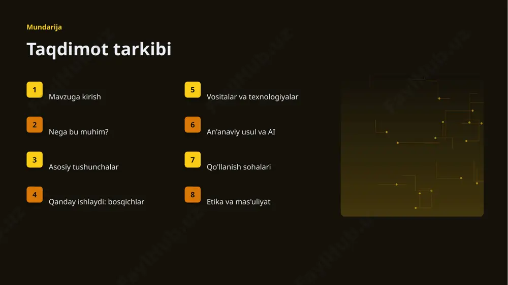 y chaqiriqlar ▪ kadrlar tanqisligi ▪ integratsiya murakkabligi ▪ etik va huquqiy masalalar ▪ moslashish zarurati bozor statistika va tendensiyalar ▹ global ai bozori yiliga ~21% o'smoqda. ▹ kompaniyalarning 85% joriy etishni rejalashtirgan. ▹ investitsiyalar rekord darajada ortmoqda. ▹ energetika sohada talab tez oʻsmoqda. ▹ ai ko'nikmalariga ehtiyoj yuqori. kelajak kelajak istiqbollari ▹ agentlik va multimodal tizimlar keng tarqaladi. ▹ modellar samaradorligi va tejamkorligi oshadi. ▹ mahalliy va shaxsiylashtirilgan yechimlar ko'payadi. ▹ inson-ai hamkorligi chuqurlashadi. ▹ regulyatsiya va standartlar shakllanadi. xulosa xulosa va tavsiyalar ▹ energetika uchun ai agentlari: amaliy yechimlar — strategik ahamiyatga ega yo'nalish. ▹ ma'lumot sifati va etika muvaffaqiyat kaliti. ▹ bosqichma-bosqich joriy etish xavfni kamaytiradi. ▹ kadrlar malakasiga investitsiya zarur. ▹ doimiy monitoring va takomillashtirish talab etiladi. e'tiboringiz uchun rahmat! energetika uchun ai agentlari: amaliy yechimlar savollar & muhokama image1.jpg image2.jpg image3.jpg image4.jpg image5.jpg image6.jpg image7.jpg image8.jpg image9.jpg image10.jpg image11.jpg image12.jpg image13.jpg image14.jpg image15.jpg image16.jpg