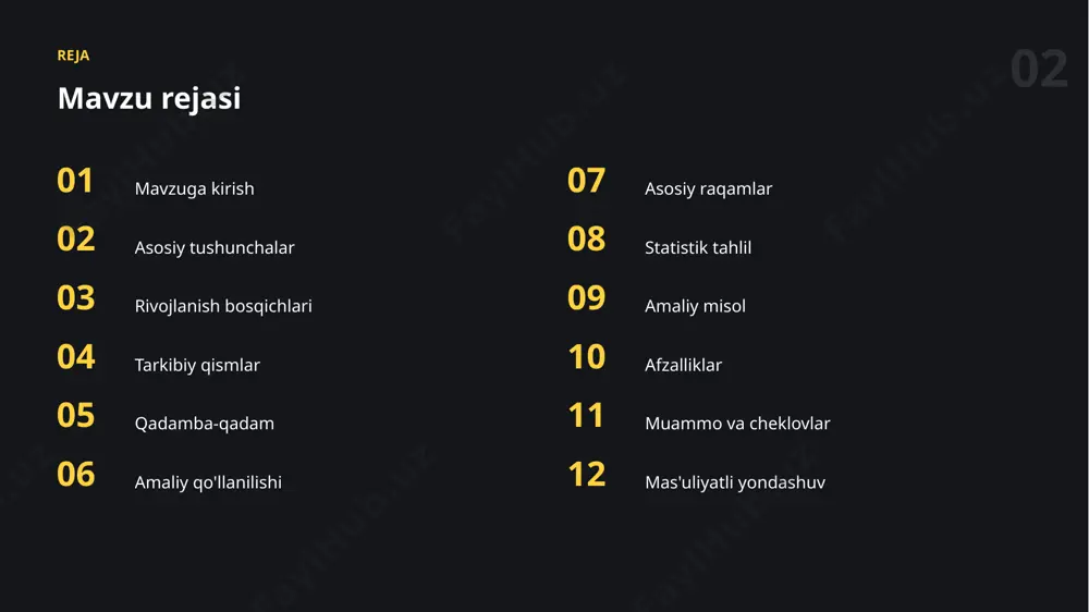 tadi — bu tabiiy va boy muloqotga olib keladi. 12 afzalliklar asosiy afzalliklar ✓ ijod va g'oyalarni boyitadi ✓ natija sifatini oshiradi ✓ vaqtni sezilarli tejaydi ✓ takroriy ishni avtomatlashtiradi ✓ o'rganishni tezlashtiradi 13 cheklovlar muammo va cheklovlar 01 ma'lumot sifatiga bog'liqlik 02 natijani tekshirish zarurati 03 haddan tashqari ishonish xavfi 04 cheklovlarni bilmaslik 05 noto'g'ri yoki noaniq natijalar 06 maxfiylik va xavfsizlik 14 mas'uliyat mas'uliyatli yondashuv ✓ shaffoflik va izohlanuvchanlik ✓ maxfiylik va xavfsizlik ✓ adolat va xolislik ✓ inson nazorati ✓ natijani tekshirish 15 istiqbol kelajak istiqbollari ▪ mas'uliyatli va xavfsiz qo'llash ▪ avtonom va aqlli yordamchilar ▪ shaxsiylashtirilgan yechimlar ▪ hamma uchun ochiqlik ▪ kundalik ishga chuqur integratsiya 16 tavsiyalar amaliy tavsiyalar 01 kichik va aniq vazifadan boshlang 02 bosqichma-bosqich takomillashtiring 03 misollar va kontekstdan foydalaning 04 maxfiylik va etikani unutmang 05 muntazam mashq qilib boring “ matn va tasvir — bugungi eng qadrli amaliy ko'nikmalardan biri. …