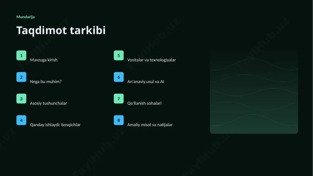 tayyorlanmoqda. ▹ turli sohada pilot loyihalar bor. ▹ mahalliy til uchun resurslar ishlab chiqilmoqda. afzallik asosiy afzalliklari 57% samaradorlik o'sishi 28% xarajat kamayishi 93% aniqlik darajasi muammo muammolar va cheklovlar texnik chaqiriqlar ▪ sifatli ma'lumot yetishmasligi ▪ yuqori hisoblash xarajati ▪ modelni izohlash qiyinligi ▪ xavfsizlik va barqarorlik tashkiliy chaqiriqlar ▪ kadrlar tanqisligi ▪ integratsiya murakkabligi ▪ etik va huquqiy masalalar ▪ moslashish zarurati bozor statistika va tendensiyalar ▹ global ai bozori yiliga ~18% o'smoqda. ▹ kompaniyalarning 64% joriy etishni rejalashtirgan. ▹ investitsiyalar rekord darajada ortmoqda. ▹ koʻplab sohada talab tez oʻsmoqda. ▹ ai ko'nikmalariga ehtiyoj yuqori. kelajak kelajak istiqbollari ▹ agentlik va multimodal tizimlar keng tarqaladi. ▹ modellar samaradorligi va tejamkorligi oshadi. ▹ mahalliy va shaxsiylashtirilgan yechimlar ko'payadi. ▹ inson-ai hamkorligi chuqurlashadi. ▹ regulyatsiya va standartlar shakllanadi. xulosa xulosa va tavsiyalar ▹ tavsiya tizimlari: ilg'or texnikalari — strategik ahamiyatga ega yo'nalish. ▹ ma'lumot sifati va etika muvaffaqiyat kaliti. ▹ …
