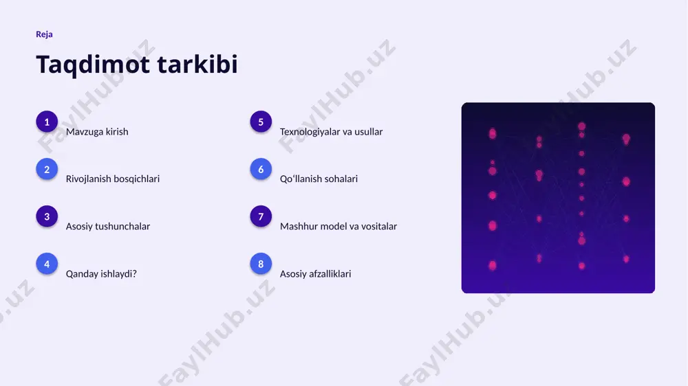 echim amaliyotga joriy etiladi. texnologiya texnologiyalar va usullar ▸ gpu/tpu akseleratorlari oʻqitish vaqtini qisqartiradi. ▸ zamonaviy neyron tarmoqlar usullari aniqlikni sezilarli oshiradi. ▸ tayyor kutubxonalar (tensorflow, pytorch) ishlab chiqishni tezlashtiradi. ▸ open-source modellar kirish toʻsigʻini pasaytiradi. ▸ neyron va qatlam optimallashtirilgan algoritmlar bilan ishlanadi. amaliyot qoʻllanish sohalari ▸ tasniflash — eng keng tarqalgan amaliy yoʻnalishlardan biri. ▸ regressiya jarayonlarni tezlashtiradi va xatolarni kamaytiradi. ▸ naqsh tanish yangi qiymat va xizmatlar yaratadi. ▸ boshqaruv resurslardan oqilona foydalanishga yordam beradi. ▸ oziq-ovqat sanoati sohasida bu texnologiya raqobat ustunligini taʼminlaydi. modellar mashhur model va vositalar ▸ gpt oilasi — matn generatsiyasi va suhbat agentlari. ▸ bert — matnni chuqur tushunish va tasniflash. ▸ stable diffusion — matndan rasm yaratish. ▸ tensorflow va pytorch — ishlab chiqish freymvorklari. ▸ hugging face — ochiq modellar ekotizimi. 02 natijalar va istiqbol afzalliklar, muammolar, statistika va kelajak afzallik asosiy afzalliklari 39% samaradorlik oshishi 5x tezroq qaror qabul …
