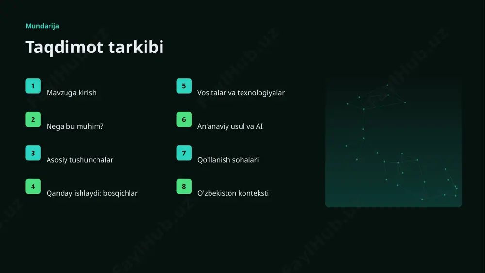 qiyinligi ▪ xavfsizlik va barqarorlik tashkiliy chaqiriqlar ▪ kadrlar tanqisligi ▪ integratsiya murakkabligi ▪ etik va huquqiy masalalar ▪ moslashish zarurati bozor statistika va tendensiyalar ▹ global ai bozori yiliga ~31% o'smoqda. ▹ kompaniyalarning 61% joriy etishni rejalashtirgan. ▹ investitsiyalar rekord darajada ortmoqda. ▹ energetika sohada talab tez oʻsmoqda. ▹ ai ko'nikmalariga ehtiyoj yuqori. kelajak kelajak istiqbollari ▹ agentlik va multimodal tizimlar keng tarqaladi. ▹ modellar samaradorligi va tejamkorligi oshadi. ▹ mahalliy va shaxsiylashtirilgan yechimlar ko'payadi. ▹ inson-ai hamkorligi chuqurlashadi. ▹ regulyatsiya va standartlar shakllanadi. xulosa xulosa va tavsiyalar ▹ energetika uchun transformer arxitekturasi: amaliy yechimlar — strategik ahamiyatga ega yo'nalish. ▹ ma'lumot sifati va etika muvaffaqiyat kaliti. ▹ bosqichma-bosqich joriy etish xavfni kamaytiradi. ▹ kadrlar malakasiga investitsiya zarur. ▹ doimiy monitoring va takomillashtirish talab etiladi. e'tiboringiz uchun rahmat! energetika uchun transformer arxitekturasi: amaliy yechimlar savollar & muhokama image1.jpg image2.jpg image3.jpg image4.jpg image5.jpg image6.jpg image7.jpg image8.jpg image9.jpg image10.jpg image11.jpg image12.jpg …