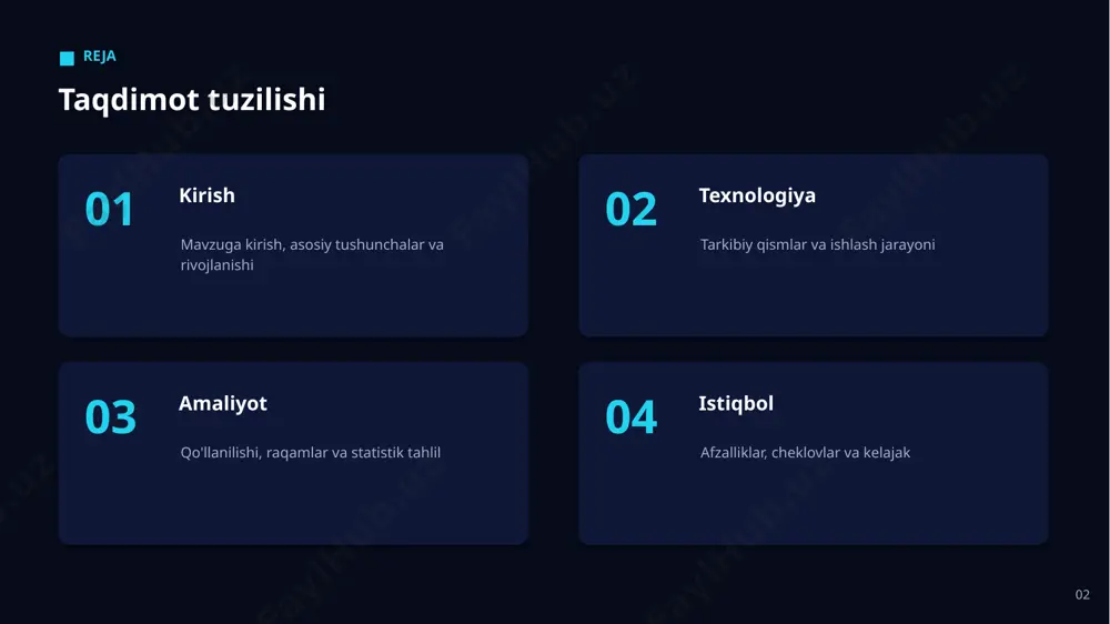 ko'rsatkichlar asosiy raqamlar 10x ishlab chiqarish tezligi 70% ijodkorlar aidan foydalanadi shaxsiy har bir tinglovchiga 100% raqamli kelajak sari 12 tahlil statistik tahlil asosiy xulosalar ▪ mijoz va foydalanuvchi tajribasini yaxshilash ▪ xarajatlarni optimallashtirish ▪ takrorlanuvchi vazifalarni avtomatlashtirish 13 04 istiqbol 14 afzalliklar asosiy afzalliklar + xarajatlarni optimallashtirish + takrorlanuvchi vazifalarni avtomatlashtirish + aniqroq va tezroq qarorlar qabul qilish + xavf va xatolarni kamaytirish + yangi xizmat va imkoniyatlar yaratish + operatsion samaradorlikni sezilarli oshirish 15 xulosa asosiy xulosalar ▪ kelajakda uning roli yanada ortib boradi ▪ mas'uliyatli va bosqichma-bosqich yondashuv muhim ▪ texnologiya tez rivojlanib, yangi imkoniyatlar ochmoqda ▪ amaliy natijalar joriy etishning foydasini tasdiqlaydi ▪ janrni tasniflash sohada sezilarli qiymat va samaradorlik yaratmoqda 16 rahmat! e'tiboringiz uchun tashakkur. savollaringizni kutamiz. janrni tasniflash: imkoniyat va yechimlar image1.jpg image2.jpg image3.jpg image4.jpg image5.png