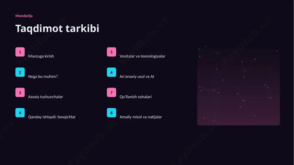 'g'ri qo'llanishida. — knowledge distillation amaliyoti mahalliy o'zbekiston konteksti ▹ raqamli o'zbekiston-2030 strategiyasi qo'llab-quvvatlaydi. ▹ it-park startaplar uchun sharoit yaratadi. ▹ universitetlarda ai kadrlar tayyorlanmoqda. ▹ turli sohada pilot loyihalar bor. ▹ mahalliy til uchun resurslar ishlab chiqilmoqda. afzallik asosiy afzalliklari 69% samaradorlik o'sishi 28% xarajat kamayishi 94% aniqlik darajasi muammo muammolar va cheklovlar texnik chaqiriqlar ▪ sifatli ma'lumot yetishmasligi ▪ yuqori hisoblash xarajati ▪ modelni izohlash qiyinligi ▪ xavfsizlik va barqarorlik tashkiliy chaqiriqlar ▪ kadrlar tanqisligi ▪ integratsiya murakkabligi ▪ etik va huquqiy masalalar ▪ moslashish zarurati bozor statistika va tendensiyalar ▹ global ai bozori yiliga ~27% o'smoqda. ▹ kompaniyalarning 61% joriy etishni rejalashtirgan. ▹ investitsiyalar rekord darajada ortmoqda. ▹ koʻplab sohada talab tez oʻsmoqda. ▹ ai ko'nikmalariga ehtiyoj yuqori. kelajak kelajak istiqbollari ▹ agentlik va multimodal tizimlar keng tarqaladi. ▹ modellar samaradorligi va tejamkorligi oshadi. ▹ mahalliy va shaxsiylashtirilgan yechimlar ko'payadi. ▹ inson-ai hamkorligi chuqurlashadi. ▹ regulyatsiya va …