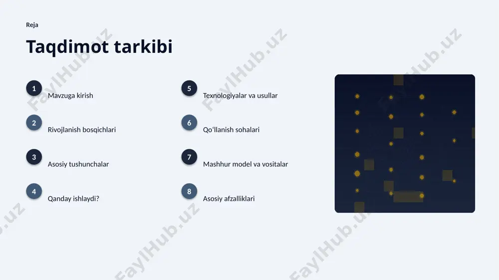 h: qayta aloqa — yechim amaliyotga joriy etiladi. texnologiya texnologiyalar va usullar ▸ gpu/tpu akseleratorlari oʻqitish vaqtini qisqartiradi. ▸ tayyor kutubxonalar (tensorflow, pytorch) ishlab chiqishni tezlashtiradi. ▸ bulutli platformalar masshtablash va tez joriy etishni taʼminlaydi. ▸ open-source modellar kirish toʻsigʻini pasaytiradi. ▸ zamonaviy tavsiya tizimlari usullari aniqlikni sezilarli oshiradi. amaliyot qoʻllanish sohalari ▸ e-tijorat — eng keng tarqalgan amaliy yoʻnalishlardan biri. ▸ striming jarayonlarni tezlashtiradi va xatolarni kamaytiradi. ▸ yangiliklar yangi qiymat va xizmatlar yaratadi. ▸ ijtimoiy tarmoq resurslardan oqilona foydalanishga yordam beradi. ▸ kadrlar boshqaruvi sohasida bu texnologiya raqobat ustunligini taʼminlaydi. modellar mashhur model va vositalar ▸ gpt oilasi — matn generatsiyasi va suhbat agentlari. ▸ bert — matnni chuqur tushunish va tasniflash. ▸ stable diffusion — matndan rasm yaratish. ▸ tensorflow va pytorch — ishlab chiqish freymvorklari. ▸ hugging face — ochiq modellar ekotizimi. 02 natijalar va istiqbol afzalliklar, muammolar, statistika va kelajak afzallik asosiy afzalliklari 48% samaradorlik …